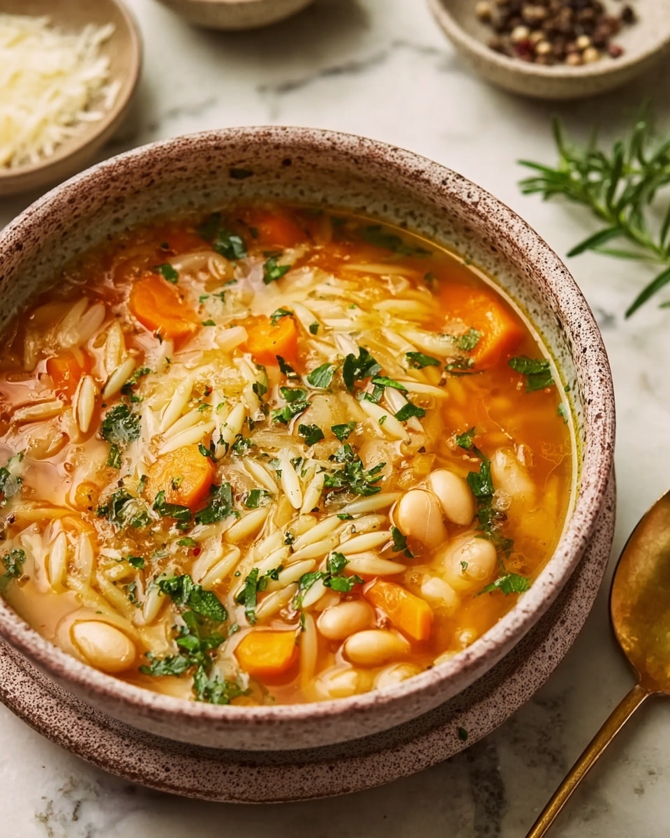 A close-up of a bowl filled with colorful chicken soup, showing three main layers: a clear, golden-orange broth at the bottom, floating pieces of peeled orange carrot cubes and chunks of white rice in the middle, and finely chopped green herbs sprinkled on top, all contained in a textured light green bowl. A silver spoon rests on the right edge inside the bowl. The bowl is set on a brown and beige mottled surface. In the background, another bowl with similar soup slightly blurred is noticeable. Photo taken with an iphone --ar 4:5 --v 7