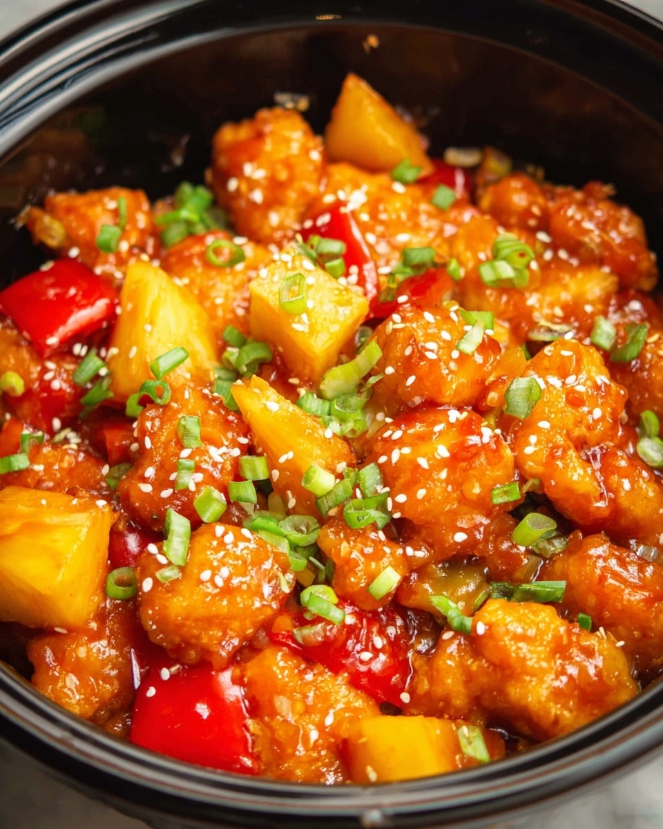 The dish shows a close-up view of bright orange crispy chicken pieces covered in shiny sweet and sour sauce, mixed with chunks of yellow pineapple and red bell peppers. The mix is topped with small pieces of fresh green spring onions and sprinkled with white sesame seeds. The food is served inside a black cooking pot, with the focus on the colorful and glossy textures. The background features a white marbled texture. photo taken with an iphone --ar 4:5 --v 7