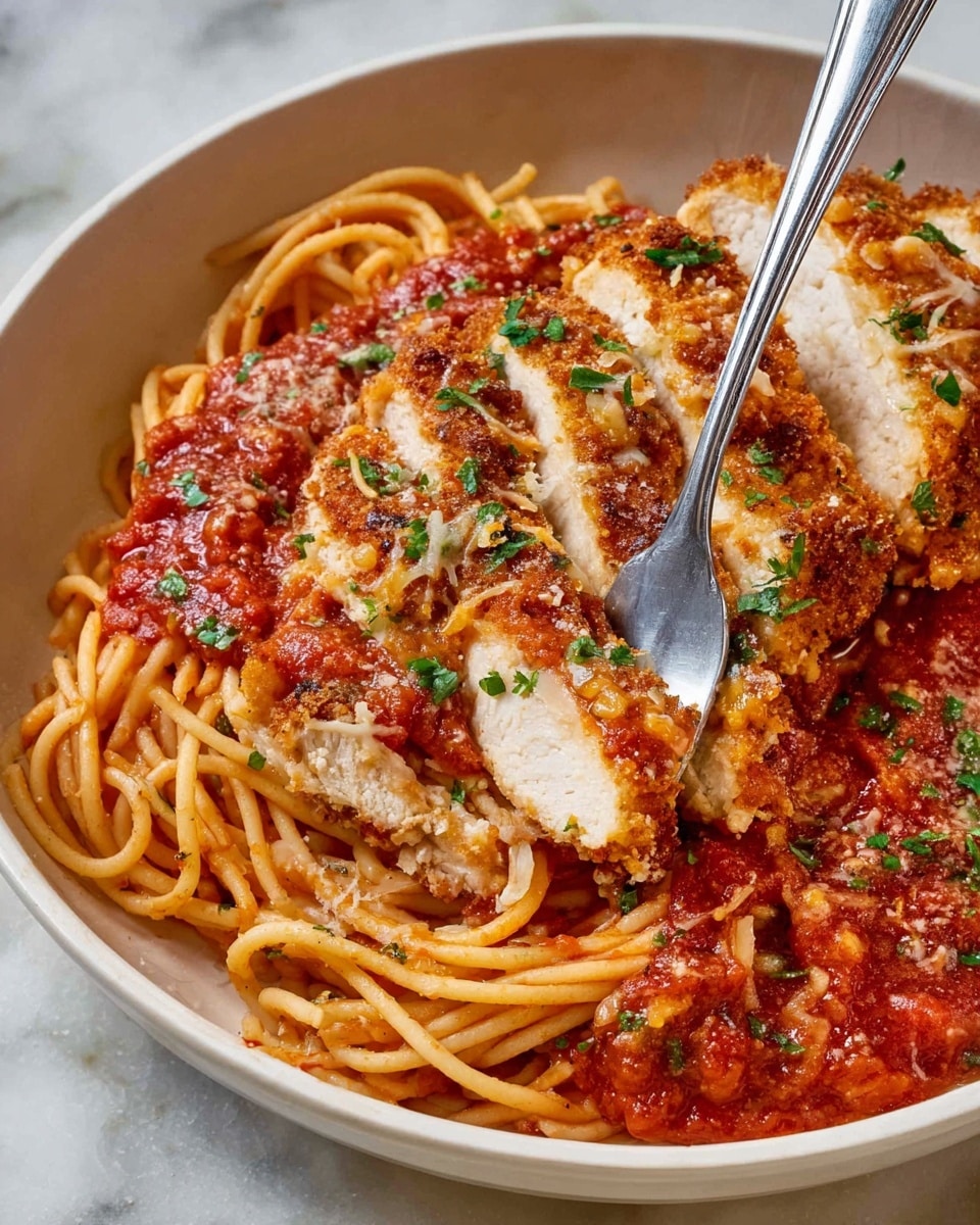 A white round bowl holds two main sections: on the left is a large piece of chicken covered in a thick layer of red tomato sauce topped with melted shredded white cheese and sprinkled with small bits of green parsley, creating a textured surface with patches of white and red. On the right, there is a tangled pile of spaghetti noodles coated in red tomato sauce, also sprinkled with parsley, showing a glossy and slightly chunky texture. A silver fork is twirled with some spaghetti, resting inside the bowl near the noodles. The bowl sits on a white marbled surface, with a small plate of chopped green herbs and a glass of water visible around it. photo taken with an iphone --ar 4:5 --v 7