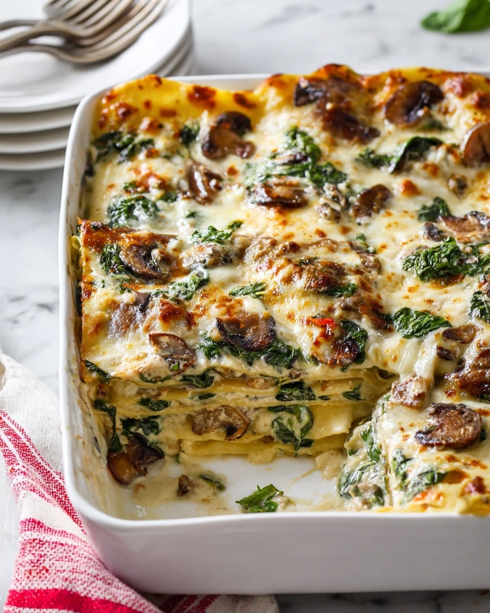 A white rectangular baking dish filled with a golden brown, creamy layered lasagna. The top layer is bubbly melted cheese with some browned spots, scattered green spinach leaves, and small pieces of cooked mushrooms visible through the cheese. The layers underneath show creamy sauce mixed with spinach and mushrooms, and yellow lasagna noodles are slightly visible at the edges. The surface the dish is on is white marble with a red and white striped cloth corner peeking out. In the background, there are stacked white plates and a fork. photo taken with an iphone --ar 4:5 --v 7