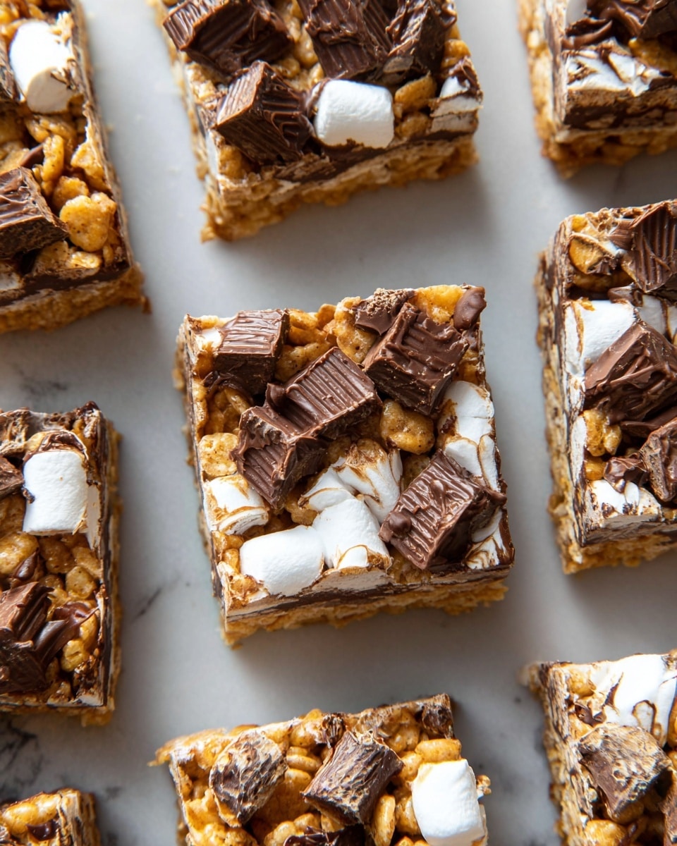 Two stacked golden brown marshmallow cereal bars with visible layers of crispy cereal and melted chocolate chunks, held by a woman's hand pulling apart the top bar, causing gooey marshmallow strands to stretch between the pieces; the bars show a mix of light beige cereals and dark melted chocolate pieces with a sticky texture. The background is blurred with a clear container of similar bars in soft focus on a white marbled surface. photo taken with an iphone --ar 4:5 --v 7
