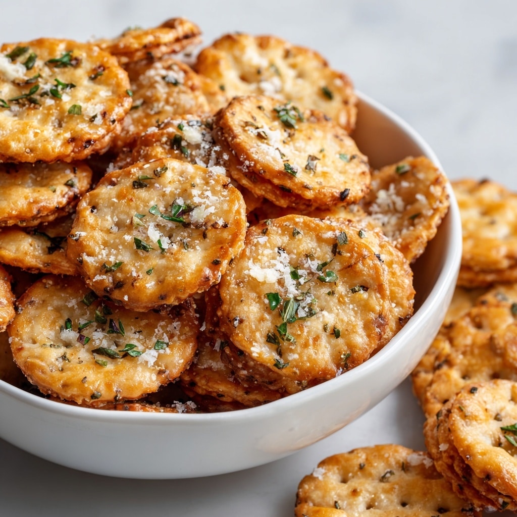 A white bowl tipped on its side on a white marbled surface, spilling small round crackers that are golden brown with a slightly rough texture. The crackers are topped with finely chopped green herbs and a dusting of white grated cheese, creating a contrast of colors. Some crackers have crispy edges and the pile inside the bowl shows layered crackers stacked on each other with a crunchy look. Photo taken with an iphone --ar 4:5 --v 7