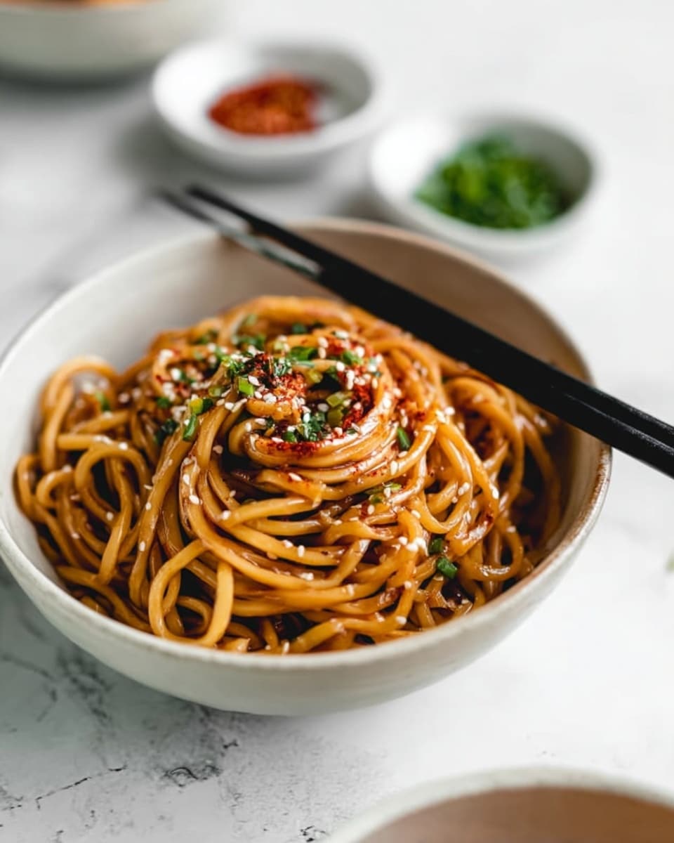 The image shows a white bowl filled with thick noodles that are light brown in color, coated in a glossy sauce. The noodles are arranged in loose spirals and topped with small chopped green herbs, white sesame seeds, and red chili flakes scattered on top. Black chopsticks rest on the edge of the bowl. In the blurred background, two small white bowls contain green herbs and a red spice. The scene is set on a white marbled surface. Photo taken with an iphone --ar 4:5 --v 7