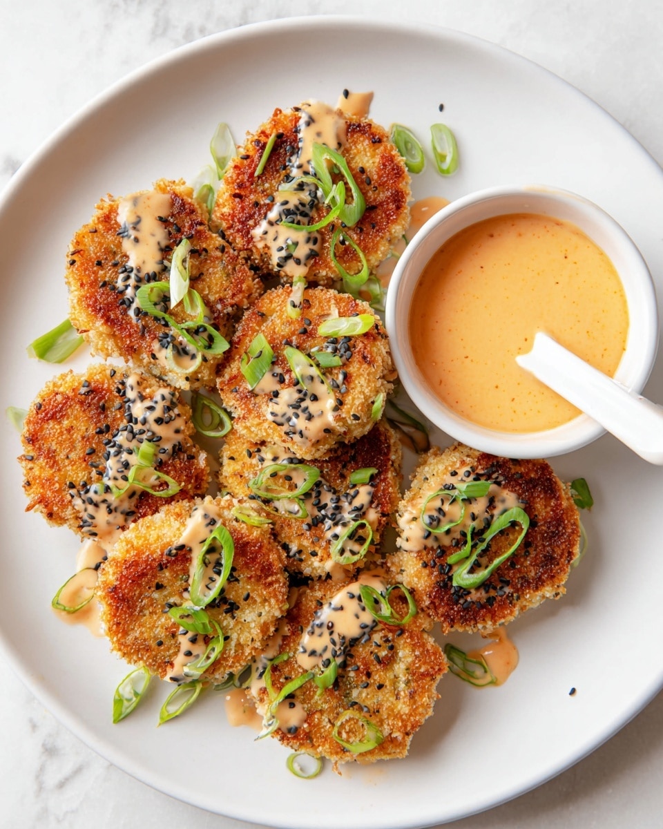 A white plate on a white marbled surface holds eight golden-brown crispy patties arranged in a loose cluster. Each patty is topped with a drizzle of light orange creamy sauce, black sesame seeds, and small slices of bright green scallions. Thin strips of scallions are also scattered on top for garnish. To the side of the patties, a small white bowl filled with the same creamy orange sauce includes a white spoon resting inside. The edges of the patties show a crunchy texture from the breading. photo taken with an iphone --ar 4:5 --v 7