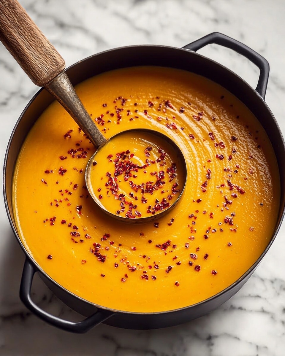 A large black pot filled with smooth, thick orange soup, sprinkled evenly with small red chili flakes on the surface, some forming a spiral pattern. A rustic metal ladle with a wooden handle scoops up some soup and chili flakes, positioned in the top left part of the pot. The pot is set on a white marbled surface that adds a clean and bright contrast to the rich colors of the soup and ladle photo taken with an iphone --ar 4:5 --v 7