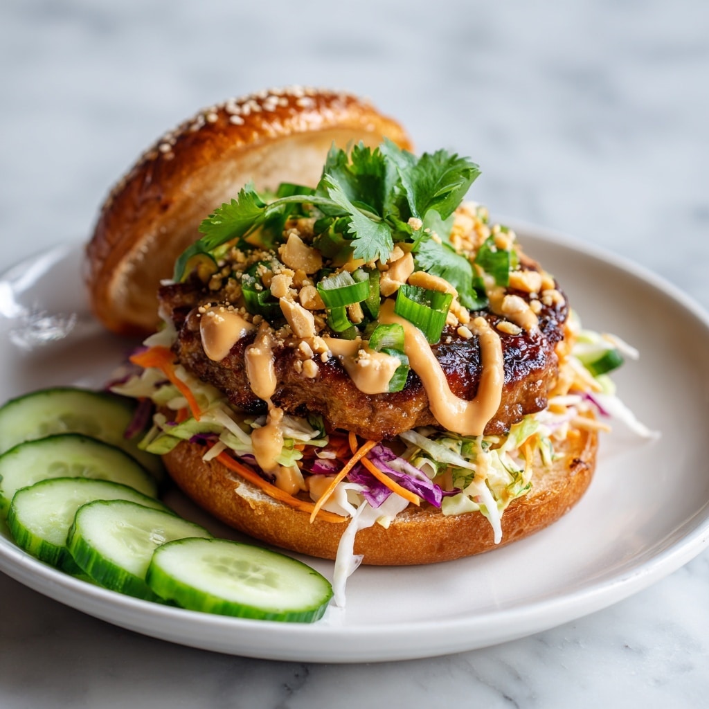 A white plate sits on a white marbled surface, holding a tall burger with several layers. The bottom bun is not visible but supports a layer of shredded cabbage mix with orange and purple strands and some green leaves. Above that, there is a thick, grilled meat patty with a golden-brown crust, topped with a light brown sauce drizzled in a swirl. On top of the sauce are chopped green onions, peanuts, and fresh cilantro leaves. The top bun, golden-brown with sesame seeds, leans slightly to the side. Around the burger, thin slices of cucumber form a ring on the plate, adding a fresh green touch. photo taken with an iphone --ar 4:5 --v 7