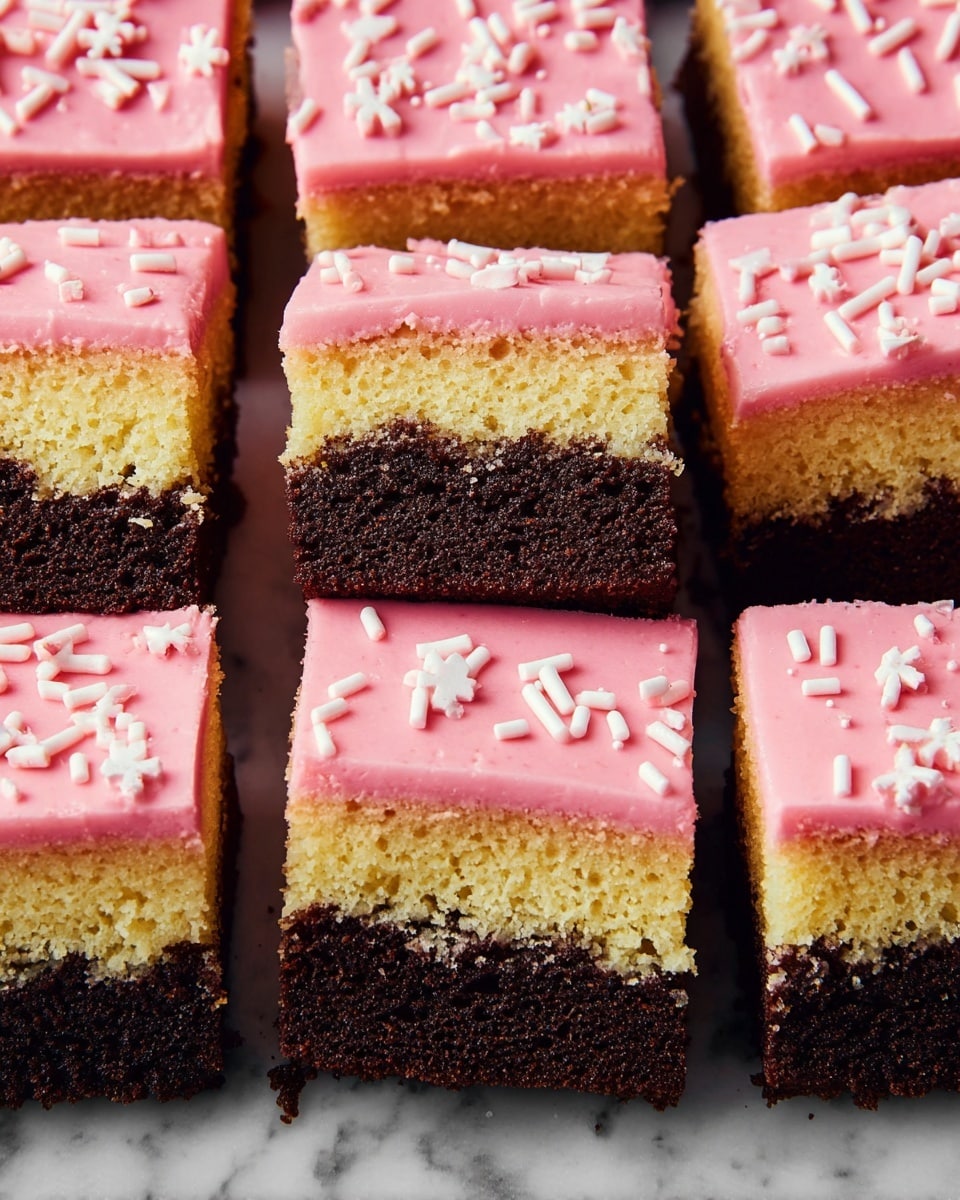 The image shows many square pieces of two-layered cake scattered on a bright blue background. Each piece has a bottom dark brown layer, a middle light beige layer, and a top layer of smooth pink icing decorated with white sprinkles shaped like lines, small dots, and flowers. Some pieces are grouped together neatly, while others are placed randomly, with some showing their sides to reveal the two-layer cake inside. The white sprinkles contrast well against the pink icing, making the whole scene look bright and colorful. Photo taken with an iphone --ar 4:5 --v 7