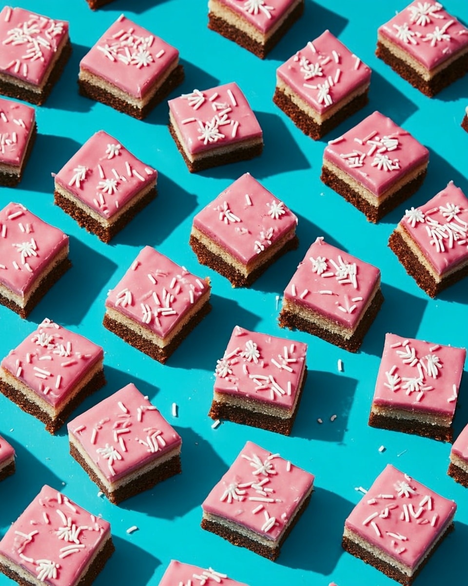 The image shows square pieces of two-layered cake arranged closely on a white marbled surface. Each piece has a bottom layer of dark brown chocolate cake with a dense texture and a top layer of light yellow vanilla cake that appears soft and moist. The entire cake is covered with a smooth pink frosting topped with small white sprinkles in shapes like sticks, balls, and snowflakes scattered evenly across the surface. The pieces are cut cleanly, showing the clear separation and contrast between the chocolate and vanilla layers under the pastel pink frosting. photo taken with an iphone --ar 4:5 --v 7