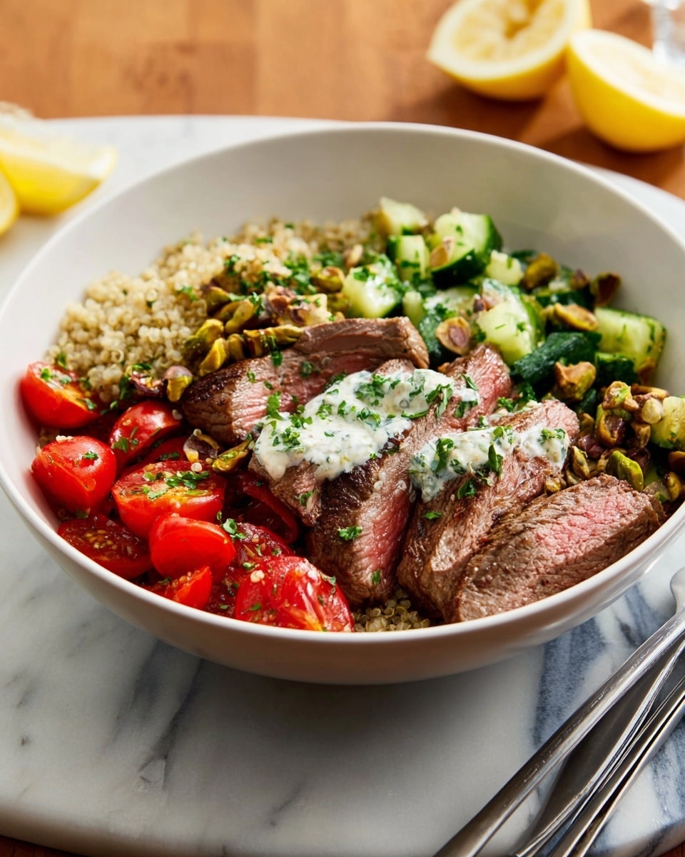 A white bowl filled with a base layer of light yellow quinoa at the bottom, topped with five slices of medium-rare steak showing a pink center and dark grilled edges on the right side. Above the quinoa and next to the steak, there are slices of red-purple grilled onions with a glossy texture. On the left side, there are several thin cucumber slices in a bright green color, fresh avocado slices in pale green with a creamy texture below the cucumbers, and a mix of halved red and yellow cherry tomatoes in vibrant red and yellow colors. The whole bowl is drizzled with a creamy white sauce and garnished with small green herbs. The bowl is set on a white marbled surface with a beige napkin and a silver fork nearby. Photo taken with an iphone --ar 4:5 --v 7