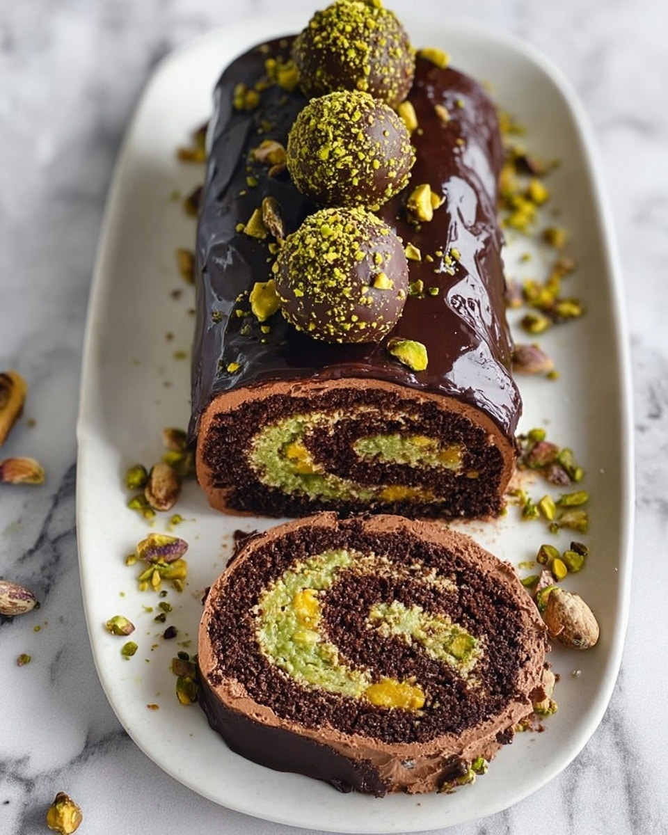 A chocolate cake roll sliced to show its inner swirl of dark brown cake and green pistachio filling, coated with smooth chocolate frosting on the outside, topped with a layer of shiny dark chocolate glaze. Three round, green pistachio-covered balls are placed on top in a row, with crushed pistachio bits scattered around them and on the cake. The cake sits on a white, oval plate on a white marbled surface with a few pistachios and small chocolate pieces around it. photo taken with an iphone --ar 4:5 --v 7