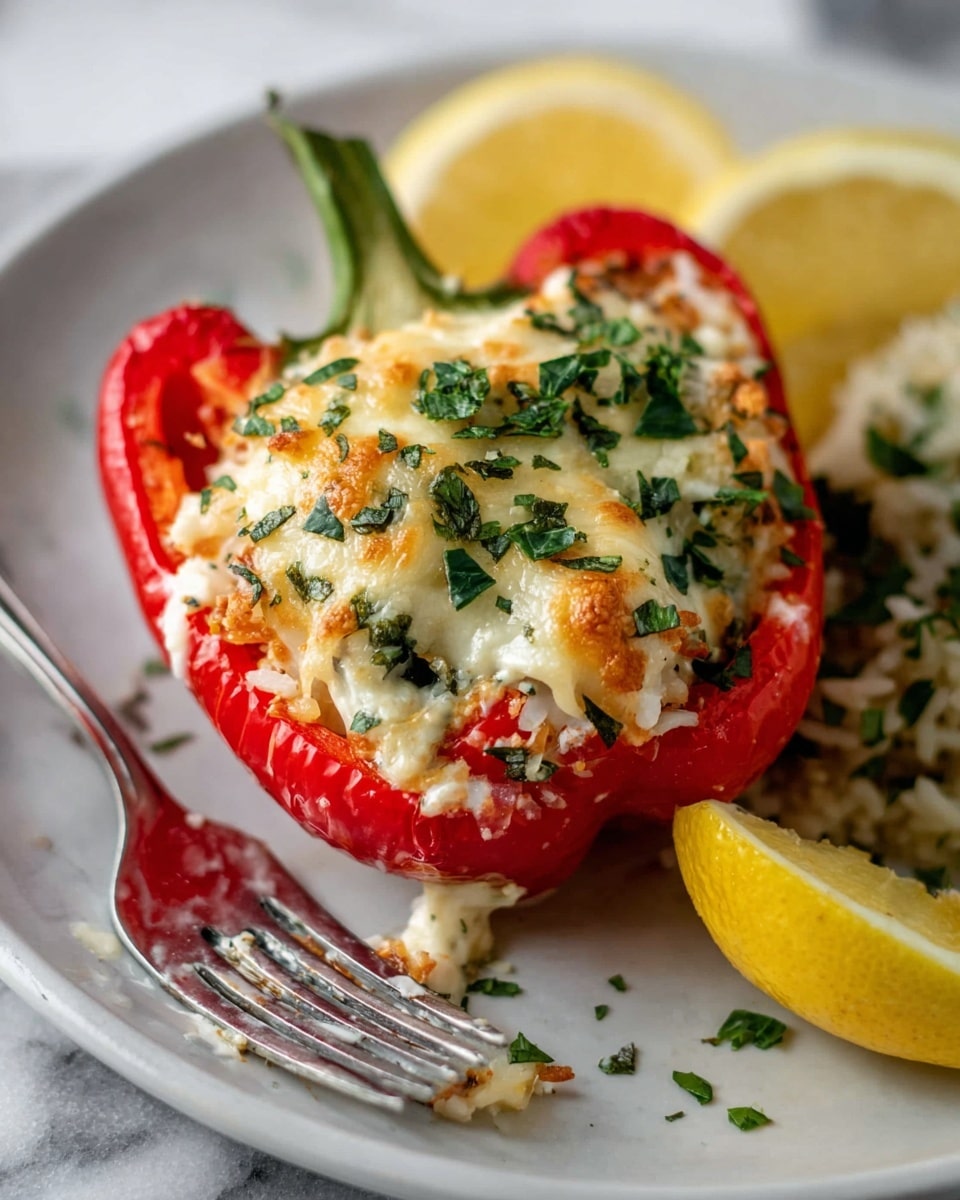 A stuffed red bell pepper is cut open, showing three layers inside: a bright red outer pepper layer, a middle layer of light beige cooked grains mixed with green spinach leaves, and a top layer of melted, golden-brown cheese with white crumbled cheese sprinkled on top, garnished with small green herb pieces. The dish sits on a beige textured plate with green herb sprinkles and a bright yellow lemon wedge on the side. The background is softly blurred with a white marbled texture beneath the plate. photo taken with an iphone --ar 4:5 --v 7