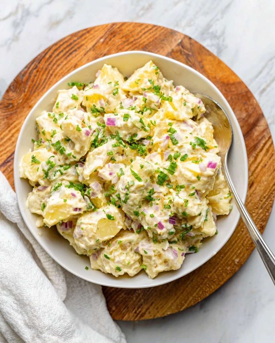 The image shows two clear glass bowls filled with creamy potato salad placed on a light wooden board with a white marbled texture underneath. Each bowl contains chunky yellow potato pieces mixed with small diced bits of celery, red onion, and pickles, all coated in a smooth white dressing. The salad is sprinkled with chopped green herbs and black pepper on top. A spoon is visible inside the bowl in the front. In the background, there is a blurred bunch of green leafy herbs adding a fresh touch to the scene. photo taken with an iphone --ar 4:5 --v 7