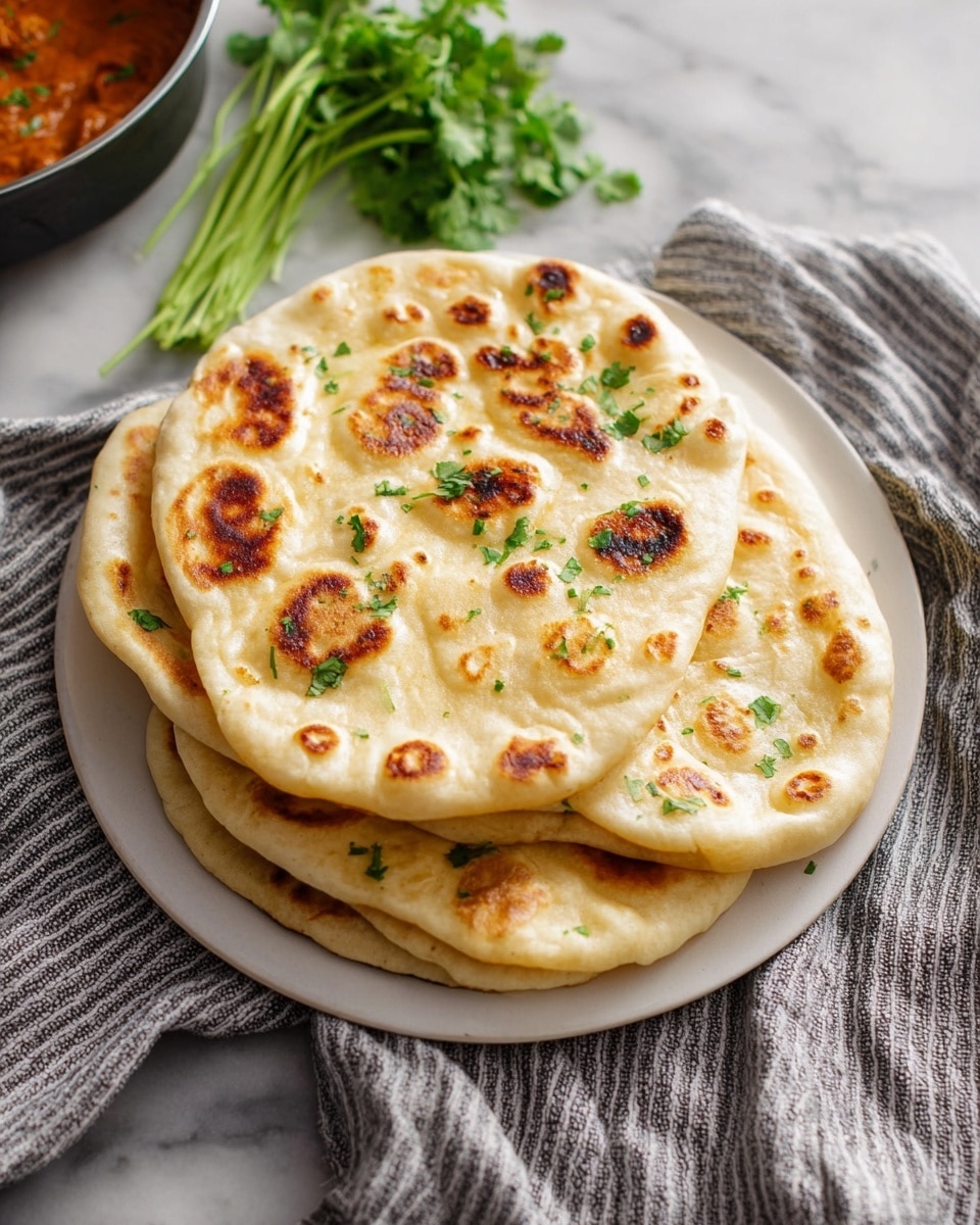 Five pieces of naan bread are stacked on a white plate, with each piece showing golden-brown spots and slightly puffed texture. The naan is sprinkled with small green cilantro leaves, adding color contrast. The plate rests on a white marbled surface, beside a bunch of fresh cilantro and a gray cloth with white stripes. Part of a pot with red curry is visible in the top left corner. photo taken with an iphone --ar 4:5 --v 7