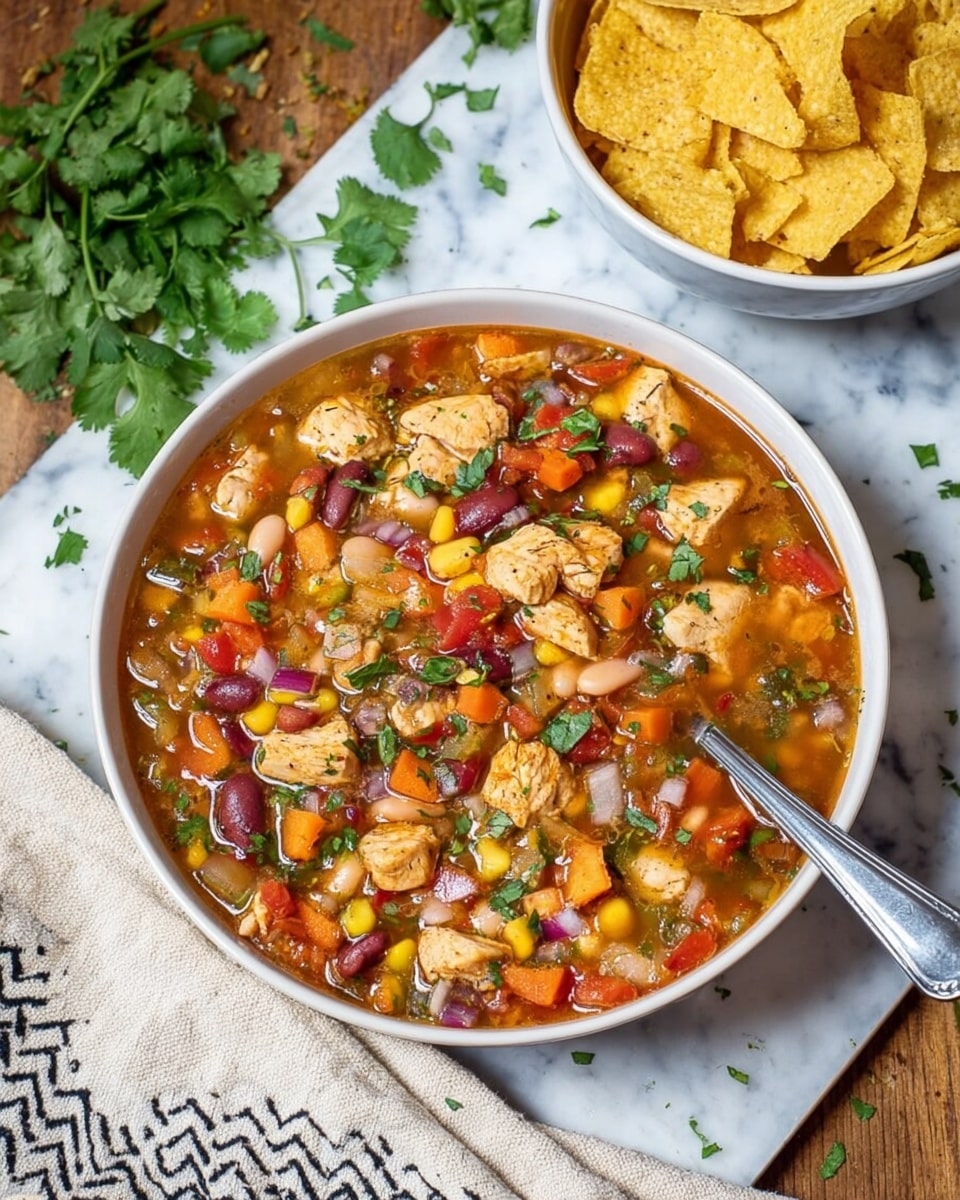 A white bowl filled with a thick soup showing several layers including chunks of cooked chicken pieces with a light brown cooked texture, brown beans, bright yellow corn kernels, diced orange carrots, red bell pepper pieces, small bits of white cheese, chopped green herbs, and small pieces of purple onion all floating in a reddish-brown broth. A spoon is lifting a mix of these ingredients from the bowl, highlighting the colorful mix of layers with a close-up focus, and the bowl sits on a white marbled texture. Photo taken with an iphone --ar 4:5 --v 7