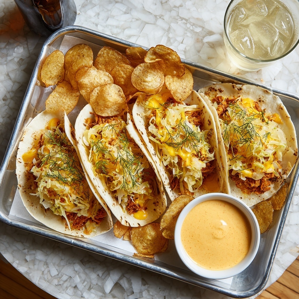 Three soft flour tortillas are folded and filled to create tacos, each showing several layers inside. The bottom layer is melted yellow and white cheese with a smooth, creamy texture, topped with crispy reddish-brown bacon pieces. Above the bacon is a layer of pale, shredded sauerkraut that adds a soft, slightly wet texture. Small green herb sprigs lightly sprinkle over the top of each taco, adding a fresh touch. The tacos rest on white parchment or paper, with some pale yellowish potato chips visible at the edges. The whole scene is set against a white marbled surface. Photo taken with an iphone --ar 4:5 --v 7