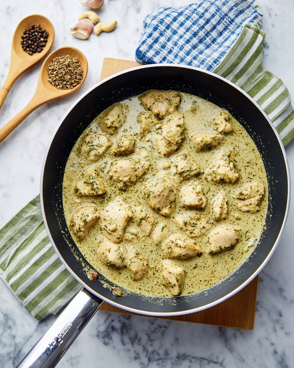 A deep black frying pan with a silver rim and a black handle holds a creamy dish with chunks of tender chicken in a thick, pale green sauce speckled with herbs. The sauce has a smooth but slightly textured look, covering all the chicken pieces evenly. The pan sits on a small wooden cutting board that contrasts with the white marbled surface below. To the upper left corner, there are two wooden spoons on a blue and white checkered cloth, one spoon filled with black peppercorns and the other with ground spices, and a green and white striped cloth partially under the board. Scattered around are some cashews and garlic cloves adding a rustic touch. photo taken with an iphone --ar 4:5 --v 7