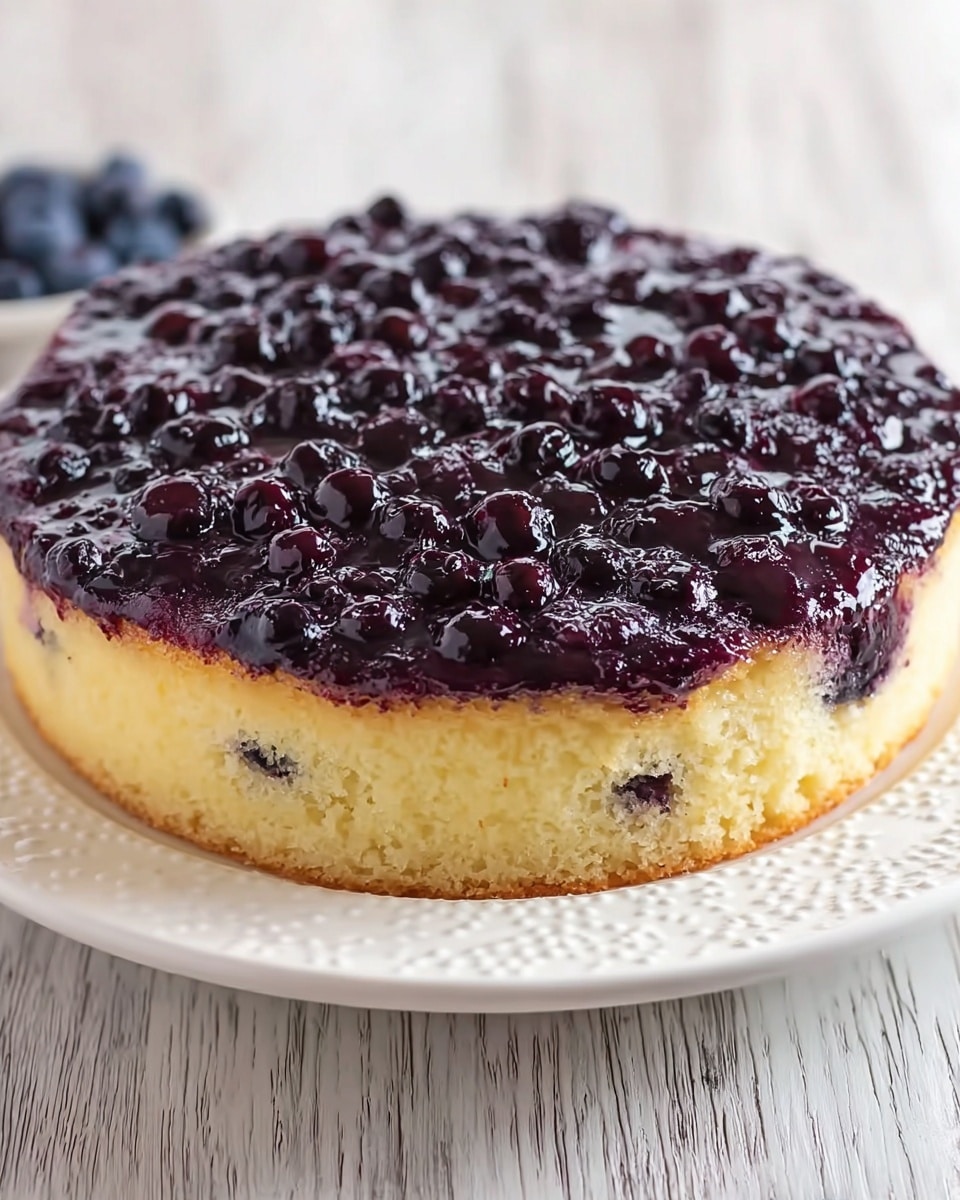 A close-up image of a single slice of baked blueberry cake on a white plate placed on a white marbled surface. The slice has two clear layers: a thick, moist, yellowish cake base with a soft texture, and a top layer covered with glossy, dark purple blueberries in a shiny blueberry sauce, which looks juicy and slightly sticky. The blueberries are whole and scattered evenly on the surface, giving a textured look with some reflections of light. In the soft-focused background, there is a partial view of a blueberry cake on a white plate. Photo taken with an iphone --ar 4:5 --v 7