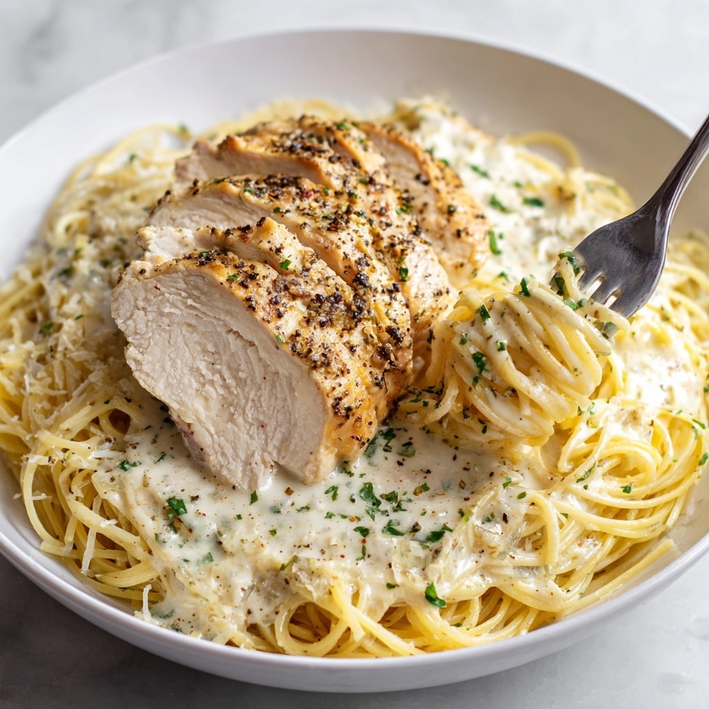 The image shows a black slow cooker with two browned chicken breasts cooking in a creamy white sauce speckled with black pepper and small green herb pieces, likely parsley, scattered on top and in the sauce. Around the cooker, there are small white bowls holding grated cheese and chopped green herbs, a chunk of pale yellow cheese, a whole bulb of garlic, and a large clear glass bowl filled with yellow cooked pasta on a white marbled surface with a grey cloth nearby. The overall scene is rustic and cozy, highlighting the creamy chicken dish as the main focus. photo taken with an iphone --ar 4:5 --v 7
