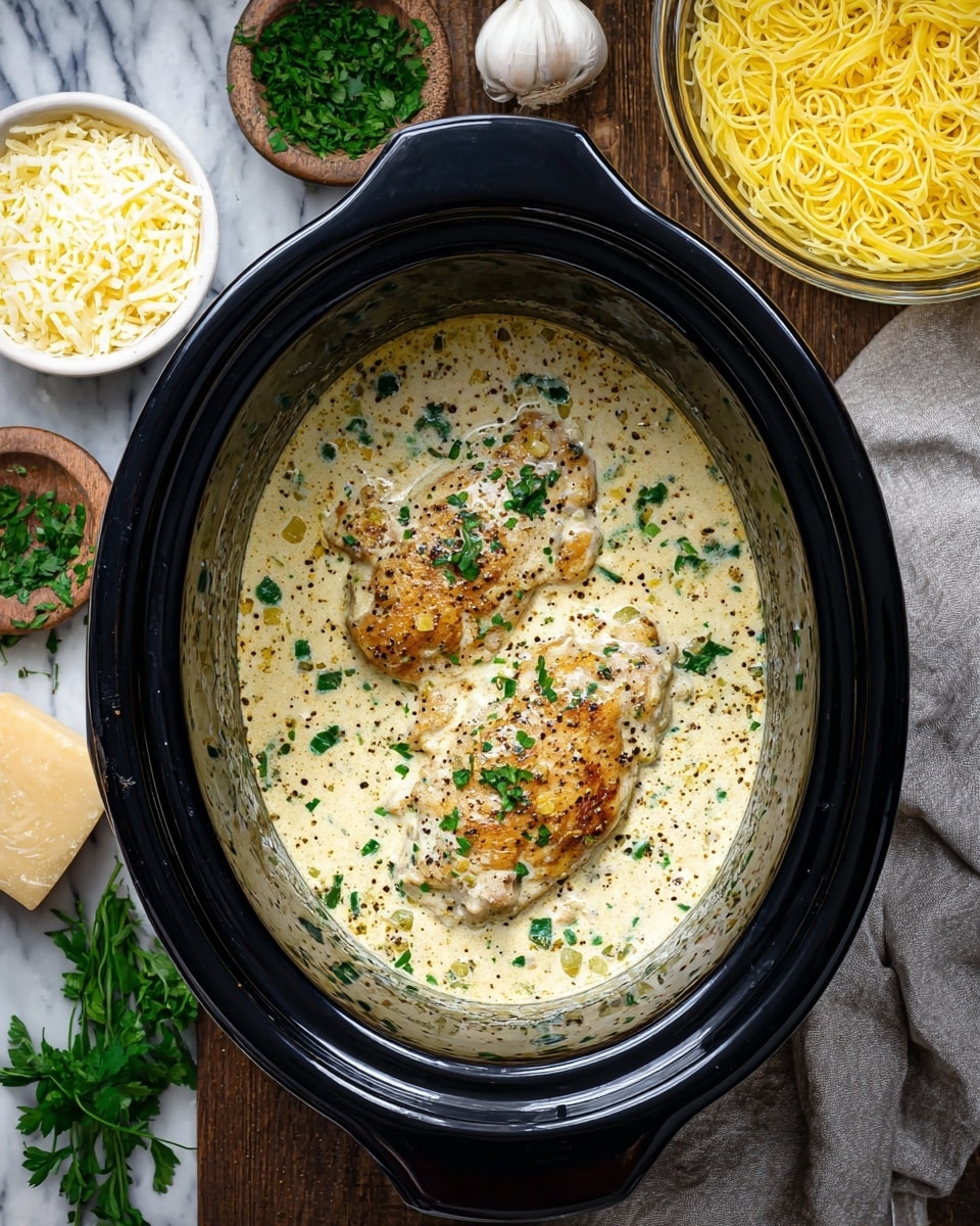 A close-up of a white plate filled with creamy pasta and a cooked chicken breast placed on top. The base layer is a nest of thin yellow spaghetti covered evenly with a white creamy sauce speckled with black pepper and small green parsley pieces. The chicken breast is light golden brown with a slightly crispy texture and some black pepper sprinkled on it, resting in the middle of the plate. A silver fork lifts a small bundle of spaghetti coated in the sauce from the bottom right, adding depth to the scene. The background is a white marbled surface. Photo taken with an iphone --ar 4:5 --v 7