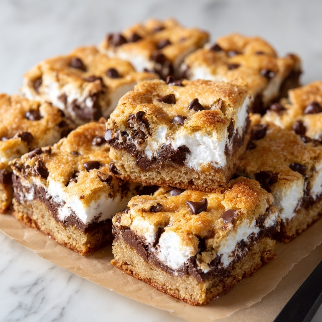 Three thick bars are stacked on top of each other, each having two main layers. The bottom layer is a golden-brown, soft cookie base with a slightly crumbly texture. Above it is a white, gooey marshmallow layer mixed with melted dark chocolate chips that create dark patches and shiny spots. Some lone dark chocolate chips lie scattered around the base on a white marbled surface. The layers show melting and a bit of crunch on top, giving a fresh baked look. Photo taken with an iphone --ar 4:5 --v 7