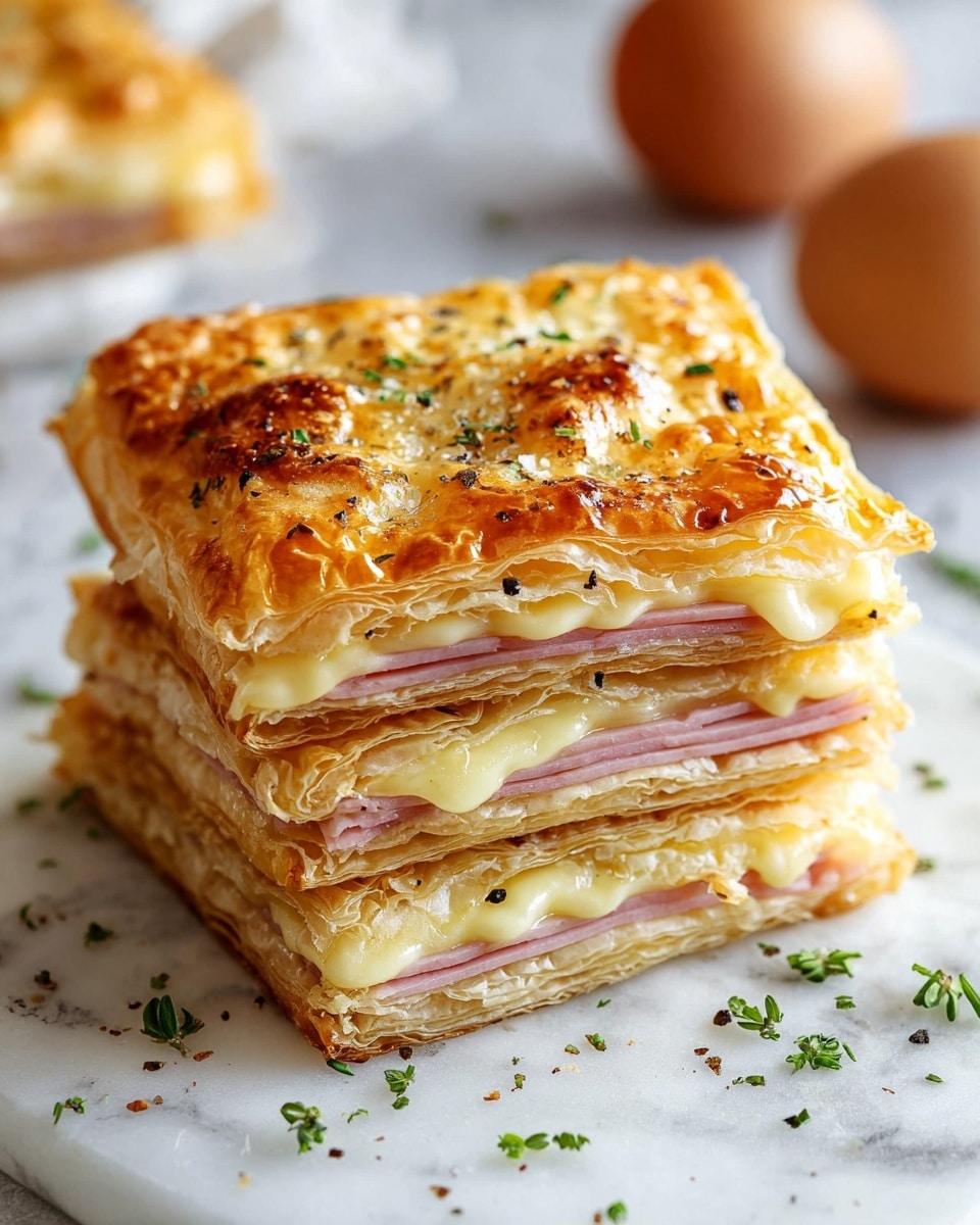 The image shows several uncooked square pieces of pale dough laid out on a white marbled surface. Each dough square has one slice of light yellow cheese placed in the middle, topped with thin, folded slices of pale pink ham. Small green fresh herb leaves, likely thyme, are scattered on top of the ham and around the dough. The dough edges are clean and slightly raised. Fine black pepper specks are sprinkled across the cheese, ham, and dough, giving a textured look. In the bottom left corner, a white plate with a grey rim holds more fresh herbs. Photo taken with an iphone --ar 4:5 --v 7