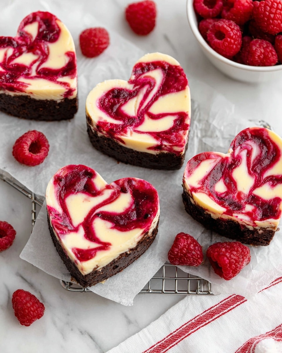 The image shows heart-shaped brownies with two visible layers: a thick, dark brown chocolate base and a top layer swirled with creamy white and bright red raspberry sauce, creating a marbled pattern. The brownies are placed on crinkled white parchment paper, and fresh red raspberries are scattered around them on a white marbled surface. The texture of the chocolate layer looks dense and fudgy, contrasting with the smooth, swirled top. Photo taken with an iphone --ar 4:5 --v 7