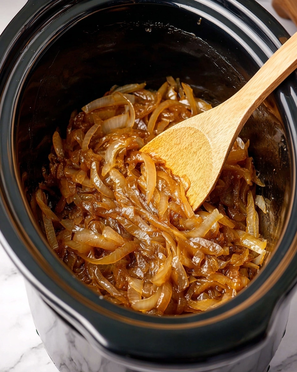 Inside a black slow cooker, soft cooked caramelized onions with a golden brown color are shown in a thick layer covering the bottom. The onions have a shiny and slightly translucent texture, with visible curved slices and edges. A wooden spoon with a light natural wood grain is placed among the onions, stirring or scooping them. The slow cooker is set on a white marbled surface. Photo taken with an iphone --ar 4:5 --v 7