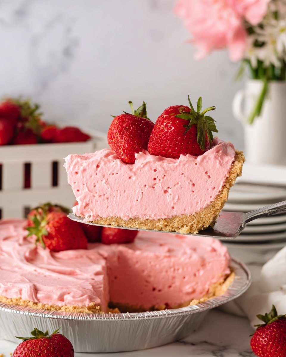 A slice of pink strawberry mousse pie with three layers is on a white plate: the bottom layer is a light golden crumbly crust, the thick middle layer is smooth and creamy pink mousse, and the top layer features a swirl of white whipped cream with a ripe red strawberry centered on it; crumbs are scattered on the plate, and a golden fork lies next to the slice, with more slices and fresh strawberries in the blurred white marbled background, photo taken with an iphone --ar 4:5 --v 7