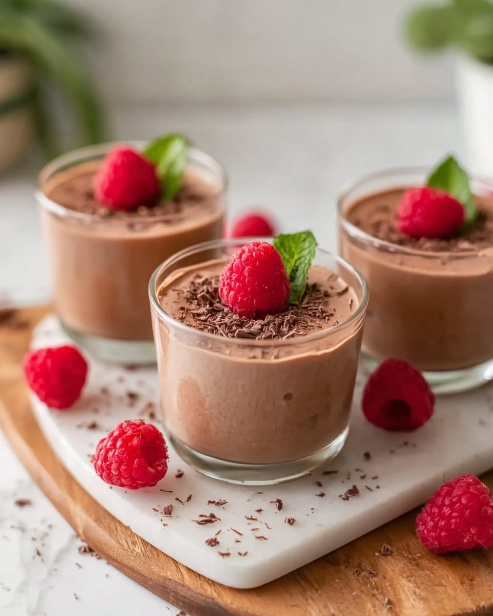 Three clear glass cups filled with smooth, creamy chocolate mousse sit on a light wooden board, which rests on a white marbled surface. Each cup has one layer of rich, dark brown mousse topped with finely grated chocolate. On top of each mousse is a single fresh red raspberry and a small green leaf, adding a bright contrast. Around the board and marbled surface are a few loose raspberries and chocolate shavings, with a golden spoon placed beside the board. Photo taken with an iphone --ar 4:5 --v 7