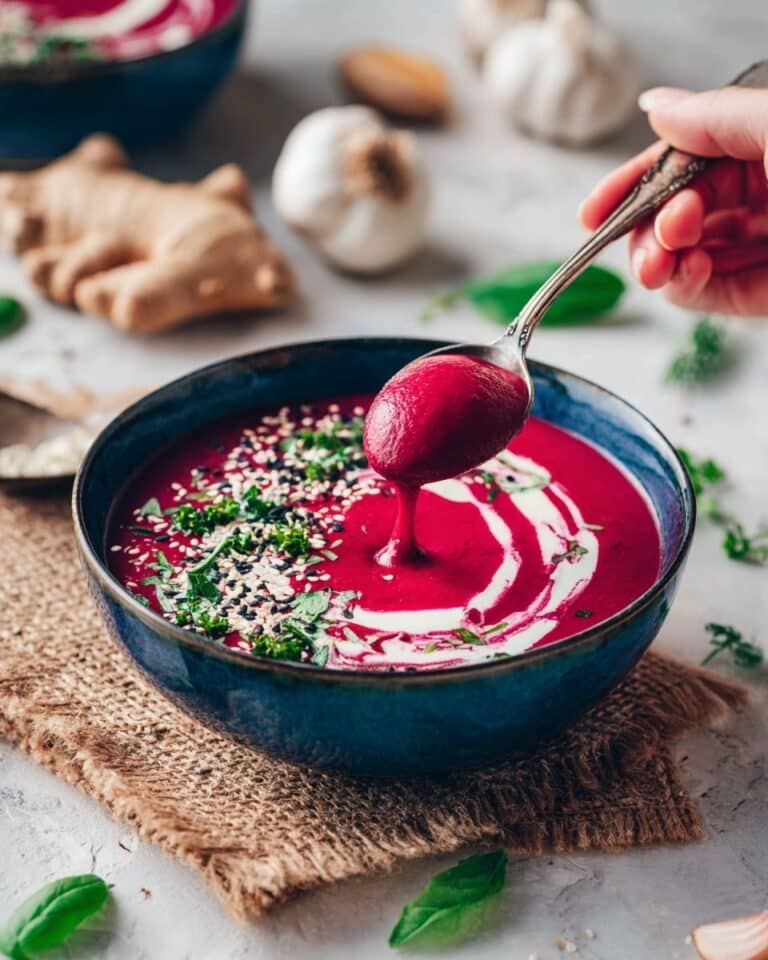 Creamy Pink Beetroot Soup with Vegan Yogurt and Nigella Seeds Recipe