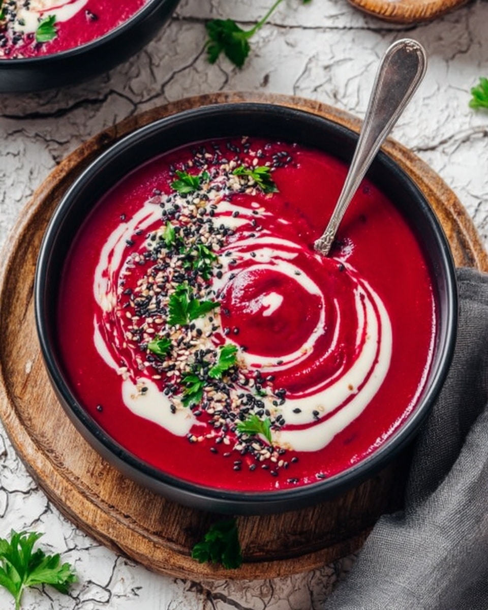 A deep blue bowl filled with smooth, thick, bright red beet soup, topped with creamy white swirls of sauce that spread in a circular pattern on the surface. Over the top, there are sprinkled white sesame seeds and black seeds, along with fresh green parsley and small herb leaves spread evenly. A spoon lifts a rounded scoop of the vibrant red soup from the bowl, held by a woman's hand. The bowl sits on a piece of brown burlap on a white marbled surface, with scattered fresh green basil leaves and ginger roots nearby, and blurred heads of garlic in the background. Photo taken with an iphone --ar 4:5 --v 7