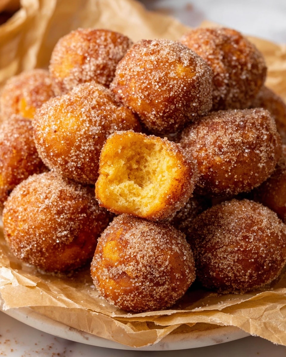 A close-up view of round fried dough balls, each coated in a layer of sugar and cinnamon giving a grainy, sparkling texture. The dough balls are golden-orange in color with a slightly rough, crispy outside. One dough ball is broken open near the center, revealing a soft, fluffy inside with a spongy texture and a warm yellow color. The dough balls sit piled on crumpled light brown parchment paper, which rests on a white plate. The background is a white marbled texture. photo taken with an iphone --ar 4:5 --v 7