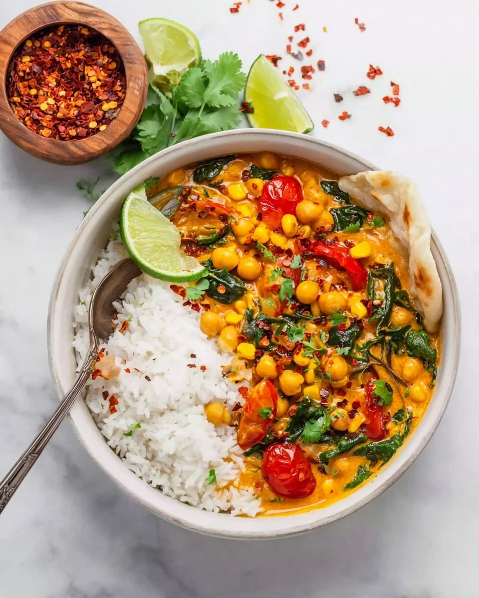 A white bowl with a beige bottom is filled halfway with white rice, topped by a colorful vegetable curry. The curry has visible layers of yellow corn, red cherry tomatoes, chickpeas, and green leafy herbs mixed evenly, with a rich orange sauce coating the ingredients. A silver spoon rests inside the bowl, leaning against the edge. In the softly blurred background, another bowl with the same dish and a white marbled surface are visible, creating a clean, fresh look. photo taken with an iphone --ar 4:5 --v 7
