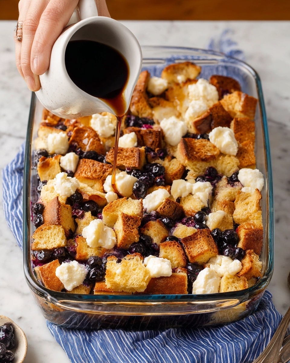 The image shows a close-up of a breakfast dish on a stack of white plates with brown edges, set on a white marbled surface. The dish includes several layers of torn toasted bread pieces in golden brown color that look crispy, mixed with pockets of soft, melted white cheese and scattered blueberry fruits. The blueberry pieces add deep blue and purple tones throughout the mostly warm-colored bread. The textures range from crunchy and firm bread crust to creamy cheese and juicy blueberries, giving the dish a varied and inviting look. In the background, there is a yellow bowl filled with fresh blueberries, adding to the fresh feel of the scene. Photo taken with an iphone --ar 4:5 --v 7