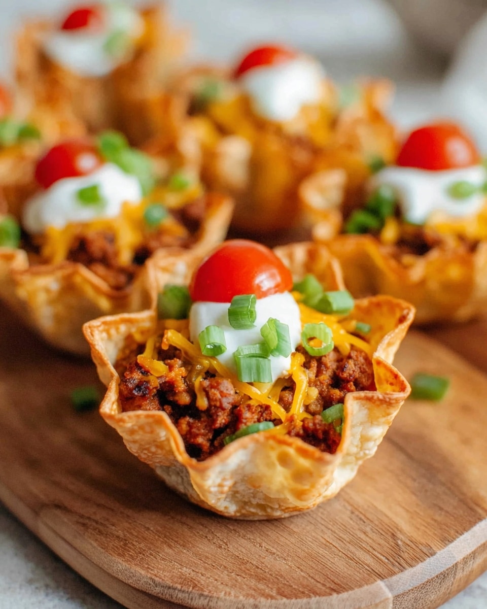 The image shows several small taco cups arranged on a wooden board, each with a crispy, golden-brown tortilla shell shaped like a flower with five petals. Inside the shell, there is a layer of cooked minced meat, topped with melted yellow cheese. On top of the cheese, there is a small dollop of white sour cream, garnished with fresh green sliced scallions and a quarter of a red cherry tomato. The background features a soft focus, with the taco cups in the foreground well-lit and sharp, all placed on a white marbled textured surface. photo taken with an iphone --ar 4:5 --v 7