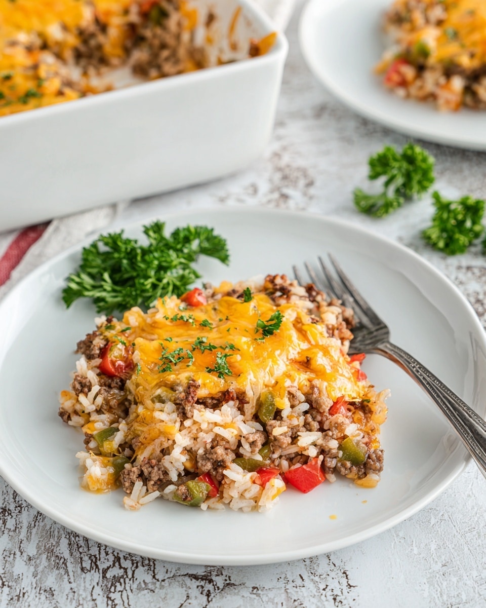 A white plate holds a serving of a layered dish made of cooked white rice mixed with small pieces of browned ground meat and finely chopped green peppers and red tomatoes, topped with melted yellow cheddar cheese that appears gooey and bubbly, garnished with a small bunch of fresh green parsley on the side; the dish shows a mixture of textures with soft rice, tender meat, and melted cheese, while a silver fork rests on the right side of the plate, all placed on a white marbled textured surface, with parts of a white baking dish and another white plate of the same dish visible blurred in the background. Photo taken with an iphone --ar 4:5 --v 7