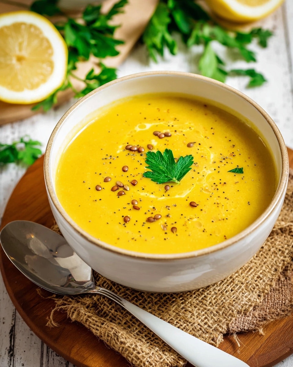 A white bowl filled with smooth, yellow lentil soup with a few small bubbles and sprinkled cumin seeds on top, a single dark green parsley leaf placed in the center of the soup as garnish. The bowl sits on a piece of rough, natural burlap fabric, which covers a round wooden board. To the left of the bowl, there is a shiny, silver spoon resting on the burlap. Around the board, red lentils are scattered, with a small wooden bowl full of red lentils at the top right. Fresh, green parsley leaves and a partially cut lemon wedge with pale yellow flesh are placed randomly on a white marbled surface in the background. Photo taken with an iphone --ar 4:5 --v 7