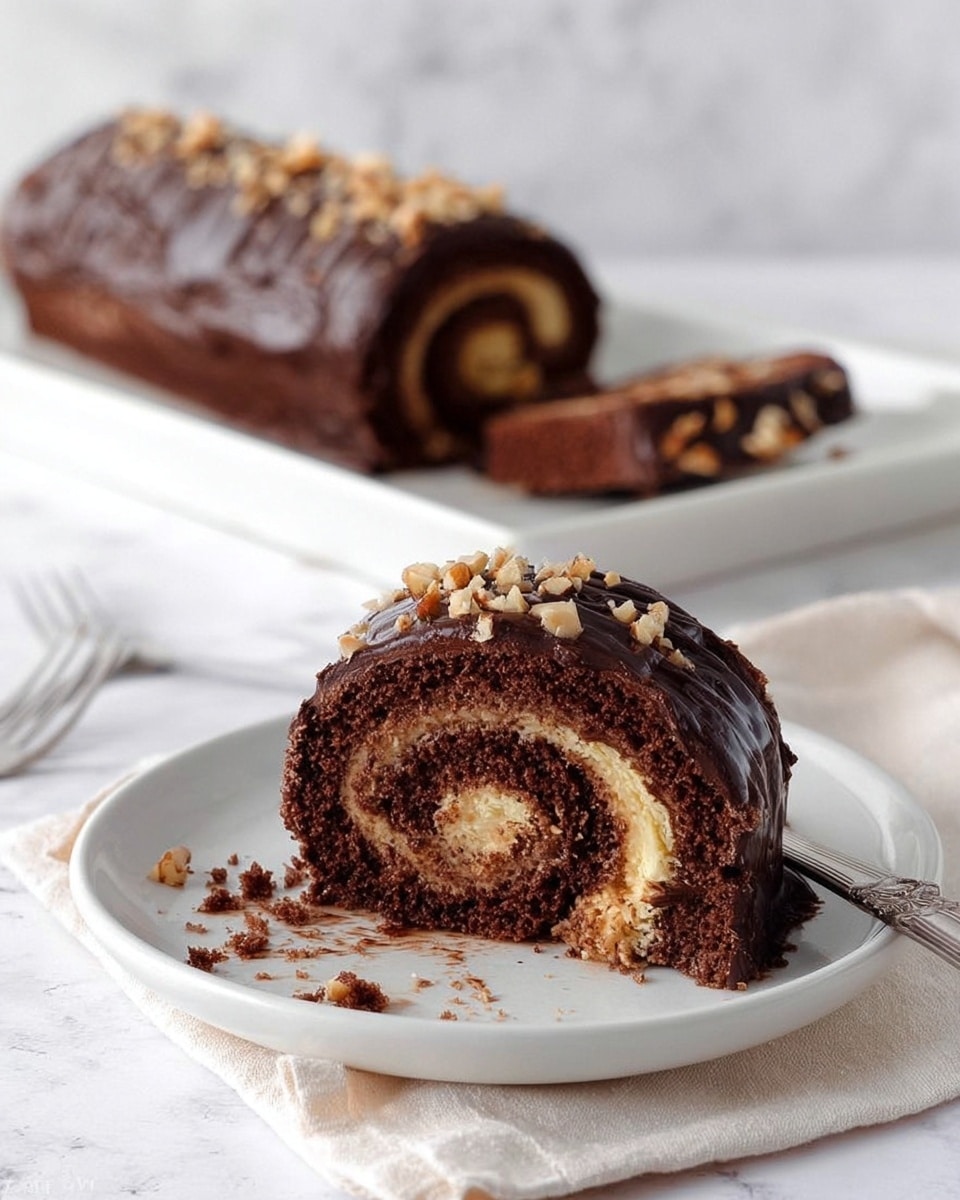 A long chocolate cake with a smooth and shiny dark chocolate glaze covers the entire surface. It sits on a wire rack placed on a black tray. The top of the cake is sprinkled with small, rough chunks of chocolate candy. In the background, there is a white bowl filled with melted chocolate with a spoon inside. The setting features a white marbled surface under the tray. Photo taken with an iphone --ar 4:5 --v 7