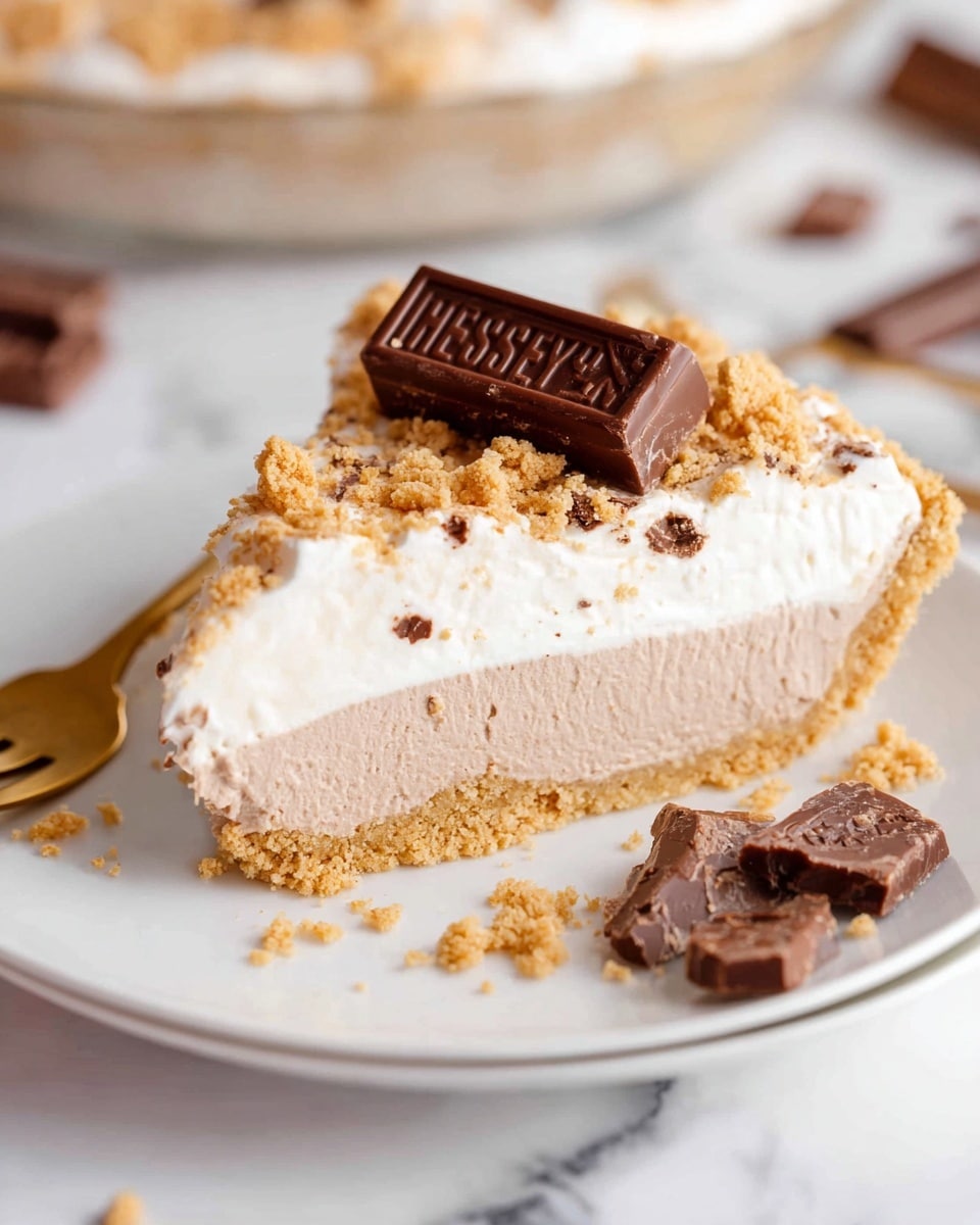 The image shows a dessert in a white dish with three main layers. The bottom layer is finely crushed golden-brown crumbs, forming a thick, even base that lines the dish edges. On top, there is a smooth, light brown creamy layer with a soft, fluffy texture, spread evenly but with slight waves near the edges. The top is sprinkled with more of the golden crumbs, scattered lightly but covering most of the surface. Finally, there are three dark brown rectangular pieces of chocolate placed on the crumb topping, spaced evenly to create a pleasing pattern. The dessert rests against a white marbled surface. photo taken with an iphone --ar 4:5 --v 7