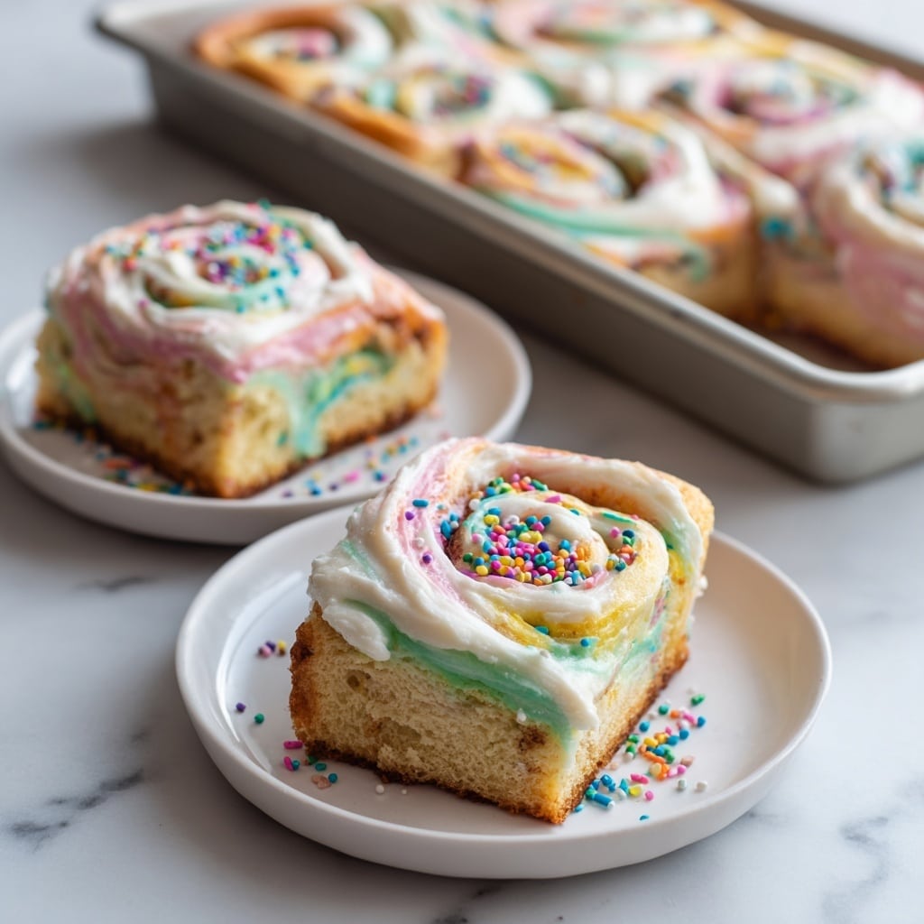 The image shows a square slice of soft, fluffy cake with pastel rainbow colors in pink, green, yellow, and orange swirled through its thick layers. Each slice has a creamy white frosting on top, spread smoothly with slight peaks, and is decorated with small, round, colorful sprinkles scattered both on the frosting and the white plate beneath. Three slices of the cake are placed on white plates on a white marbled surface, with a baking tray in the background holding the remaining cake from which the slices were cut. The cake pieces look moist and airy, lightly browned on the bottom edges, with the sprinkles adding a fun, festive look. photo taken with an iphone --ar 4:5 --v 7