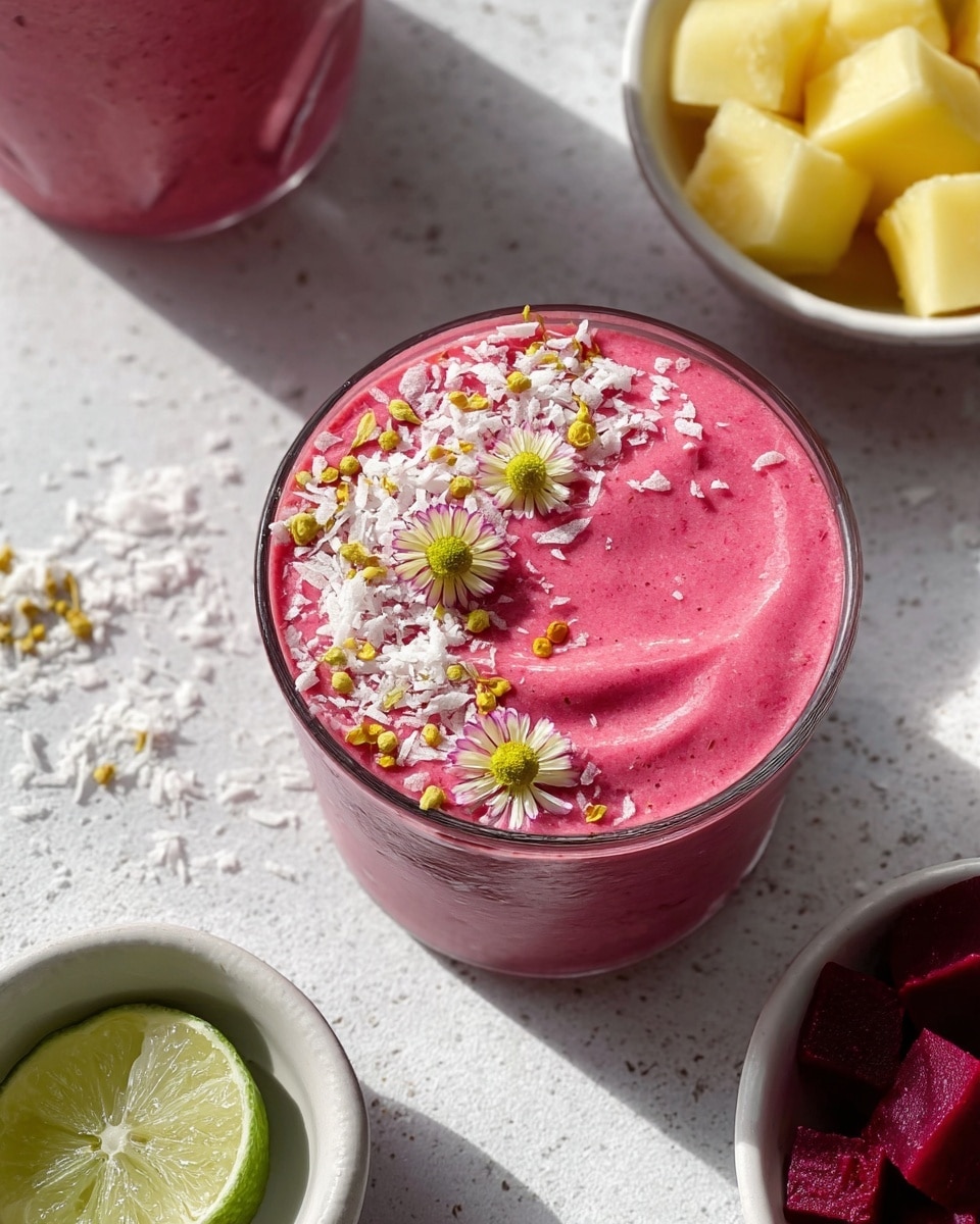 A close-up top view of a smooth, bright pink smoothie layered in a clear glass, with a creamy, thick texture filling the glass all the way to the top. The smoothie is decorated with small white shredded coconut, tiny yellow pollen granules, and a few small white and yellow flower petals scattered on the surface. The glass sits on a white marbled textured surface, with shadow areas creating contrast. Nearby are small white bowls containing pale yellow frozen fruit cubes and deep red beet cubes, adding pops of color to the composition along with a partly visible lime wedge. photo taken with an iphone --ar 4:5 --v 7