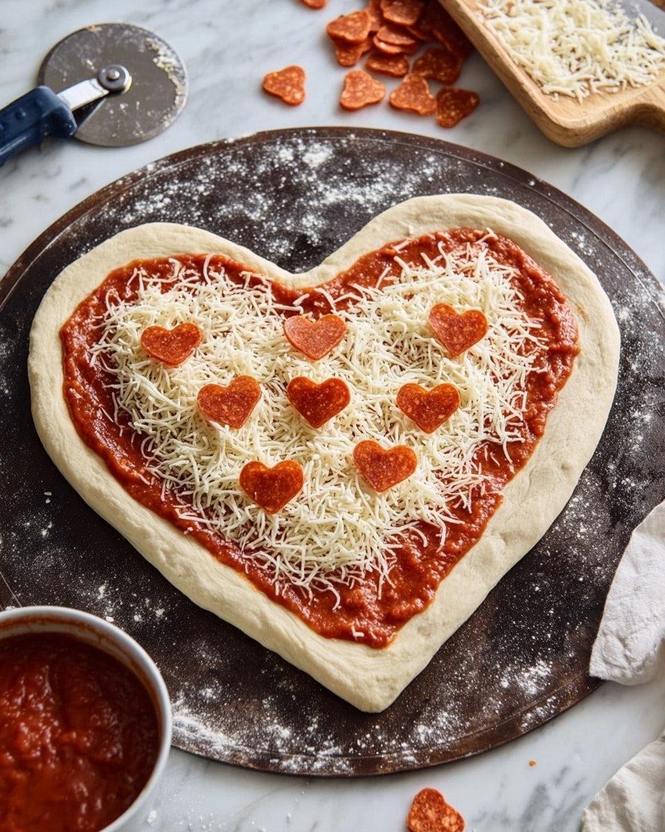 A heart-shaped pizza sits on a dark, rustic pizza stone, layered first with a thick crust of light beige dough that frames the pizza. The base layer is a smooth, bright red tomato sauce spread evenly inside the crust. On top of the sauce is a generous layer of shredded white mozzarella cheese that covers the entire heart shape. Scattered over the cheese are small, heart-shaped slices of red pepperoni, creating a playful pattern. The pizza stone rests on a white marbled surface, with some extra heart-shaped pepperoni nearby, a round pizza cutter with a silver blade and dark blue handle, and a bowl of tomato sauce partially visible. Photo taken with an iphone --ar 4:5 --v 7