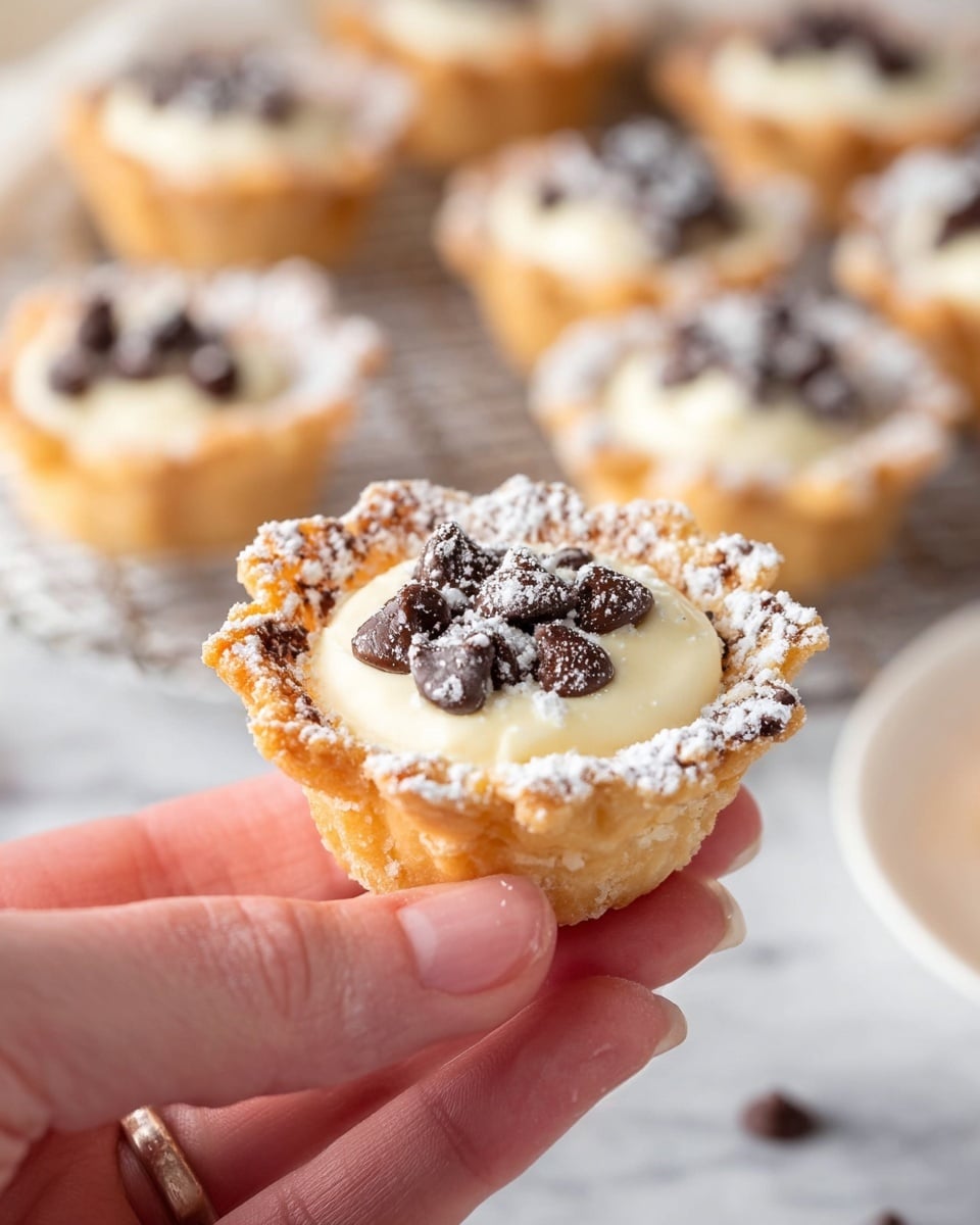 A group of eight mini tartlets placed closely on a white, round plate with cut-out edge designs. Each tartlet has a golden-brown, crispy crust forming a small cup. Inside, there is a creamy, pale yellow filling topped with small dark chocolate chips scattered unevenly. The crust edges and filling are lightly dusted with powdered sugar, adding a soft white contrast. In the background, more identical tartlets sit on a wire cooling rack over a white marbled surface, with one separate tartlet placed to the right. At the bottom left corner, part of a floral cloth with red and green patterns is visible. photo taken with an iphone --ar 4:5 --v 7