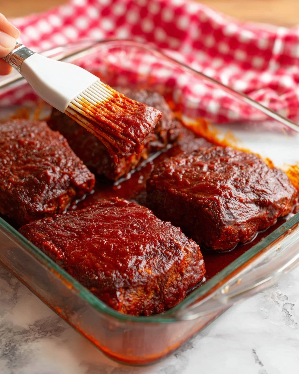 Four thick pieces of meat covered with a rich, dark red sauce are placed inside a clear glass baking dish. A white spatula with a woman's hand holding it dips into the sauce and coats the top left piece of meat with shiny, textured sauce. The texture of the meat is rough and slightly bumpy under the sauce. The baking dish sits on a white marbled surface, and a red and white checkered cloth is blurred in the background. photo taken with an iphone --ar 4:5 --v 7