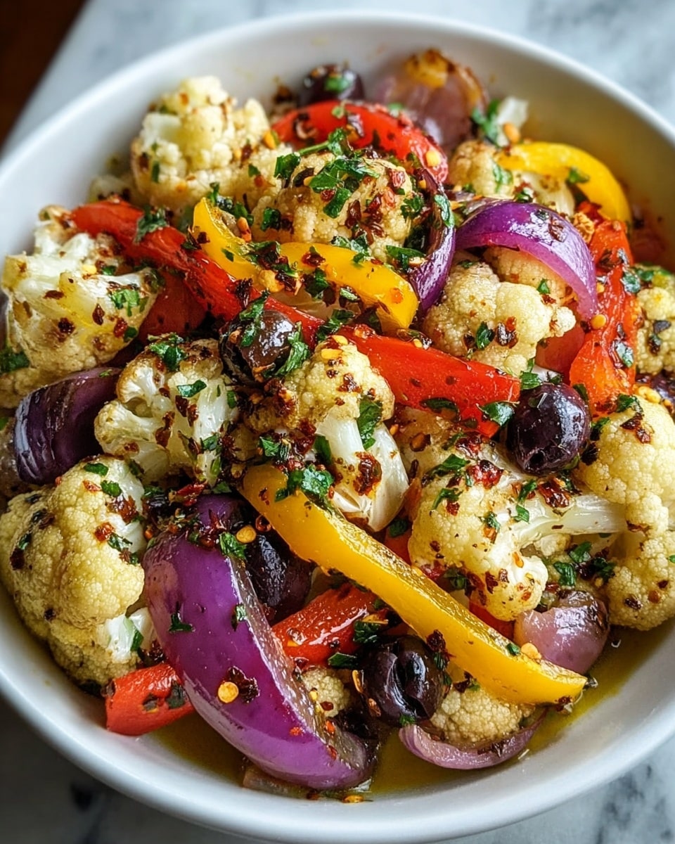 A close-up of a white bowl filled with a colorful mixed vegetable salad featuring cauliflower florets, red and yellow bell pepper strips, purple onion slices, and whole black olives, all tossed together with chopped green herbs and red chili flakes, lightly coated in a glossy dressing with visible spices. The background is a white marbled surface. photo taken with an iphone --ar 4:5 --v 7
