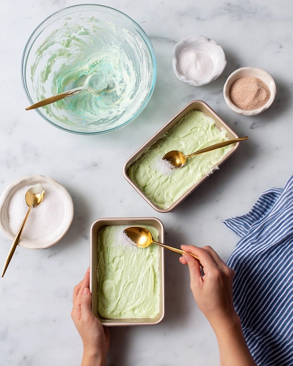 The image shows four slices of light green pistachio cake arranged in a row on a wooden board. Each slice has a rough texture with tiny holes inside and a golden-brown crust on the edges. On top, there is a light drizzle of white glaze with chopped green pistachios scattered over it, adding texture and color contrast. To the left of the cake, there is a green box of pistachio Jell-O pudding mix, and on the right side of the board, a metal whisk rests next to a small smear of white glaze. The board sits on a white marbled surface, with some small pieces of chopped pistachio and crumbs scattered around for a natural look. photo taken with an iphone --ar 4:5 --v 7