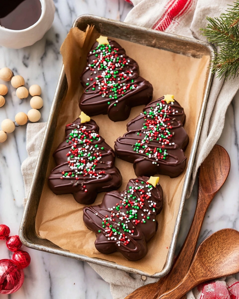 Four Christmas tree-shaped treats covered in smooth dark brown chocolate are placed neatly on brown parchment paper inside a rectangular metal tray. Each tree has colorful sprinkles in red, green, and white scattered across the top with a thin dark chocolate swirl and a small yellow star sprinkle near the top point. The tray sits on a white marbled surface with a white cloth and red and natural wooden bead garland around it. On the right side, two wooden spoons are partially visible. One slice of the treat is cut to show layers of light-colored cake and chocolate filling inside. photo taken with an iphone --ar 4:5 --v 7