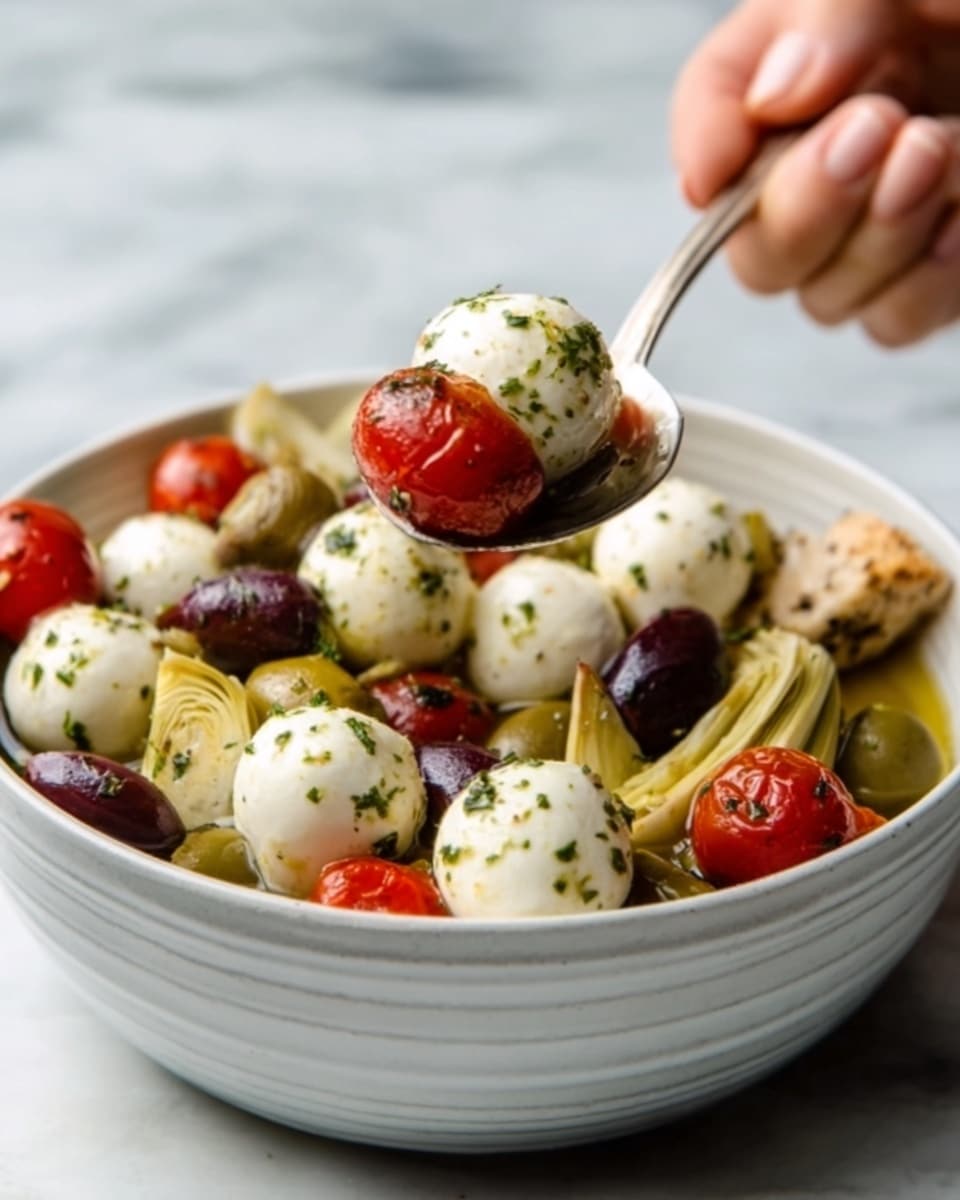 A white plate filled with a colorful mix of marinated ingredients including round white mozzarella balls, dark purple olives, light green olives, and pale yellow artichoke hearts. Bright red chili peppers are scattered on top, adding a pop of color. The mixture is coated in a golden olive oil dressing with visible herbs and spices, giving a shiny and slightly textured look. Two sprigs of fresh green rosemary lie on the surface, adding natural detail. The dish sits on a white marbled surface. photo taken with an iphone --ar 4:5 --v 7