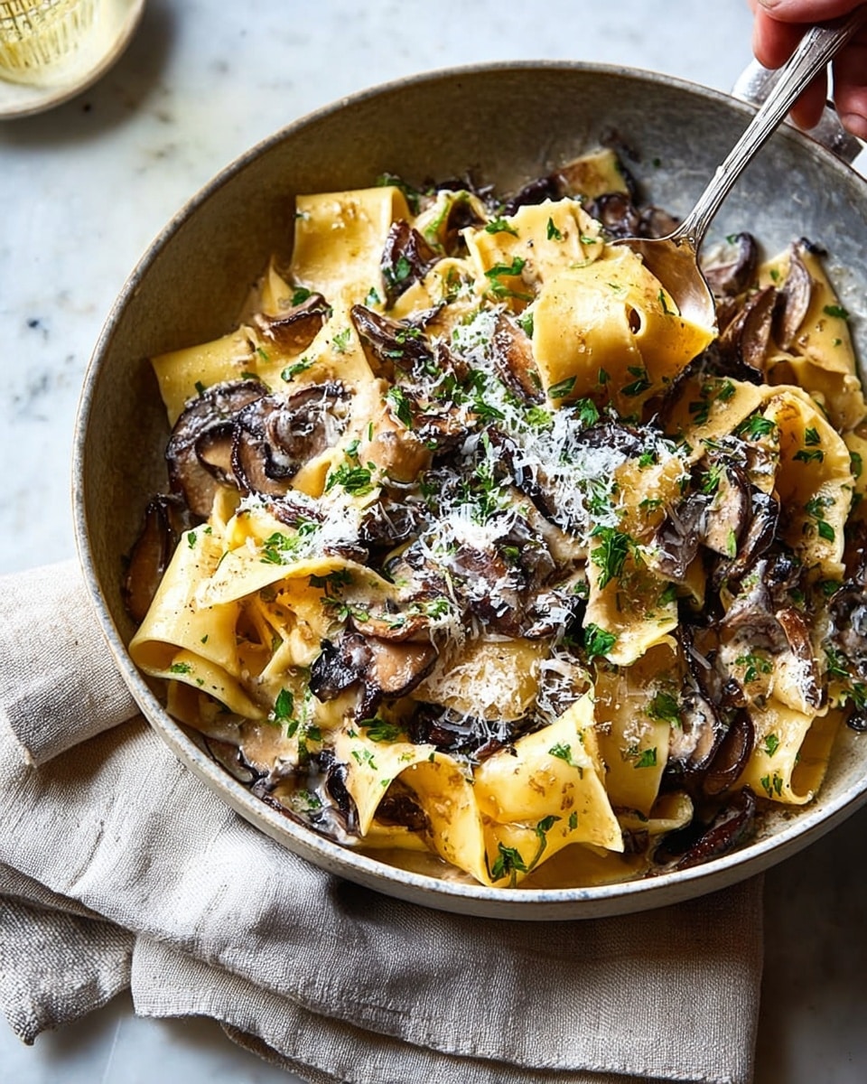 A close-up view of a silver pan filled with wide, flat pasta folded and mixed with dark, sautéed mushroom slices scattered throughout. The pasta is coated with a creamy sauce and topped with a sprinkling of finely grated cheese and chopped green herbs, adding texture and color contrast. A woman's hand holds the pan handle wrapped with a cloth, while another woman's hand scoops some pasta with a shiny spoon. The pan rests on folded beige linen cloths over a white marbled surface. photo taken with an iphone --ar 4:5 --v 7