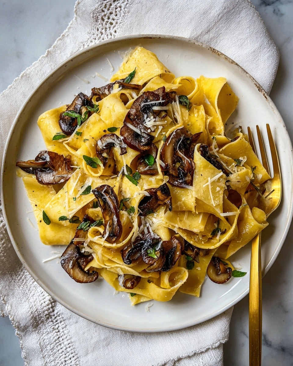A white plate holds a serving of wide, flat pasta ribbons cooked to a soft yellow color, layered loosely in folds. On top and mixed through are slices of dark brown, sautéed mushrooms with slightly crispy edges. Small, thin strips of green herbs are scattered over the pasta, adding contrast to the yellow and brown tones. Light shreds of white cheese sprinkle the dish, giving it a soft texture on the surface. The plate rests on a white marbled surface with a white cloth napkin beside it and a gold fork positioned next to the plate. Photo taken with an iphone --ar 4:5 --v 7